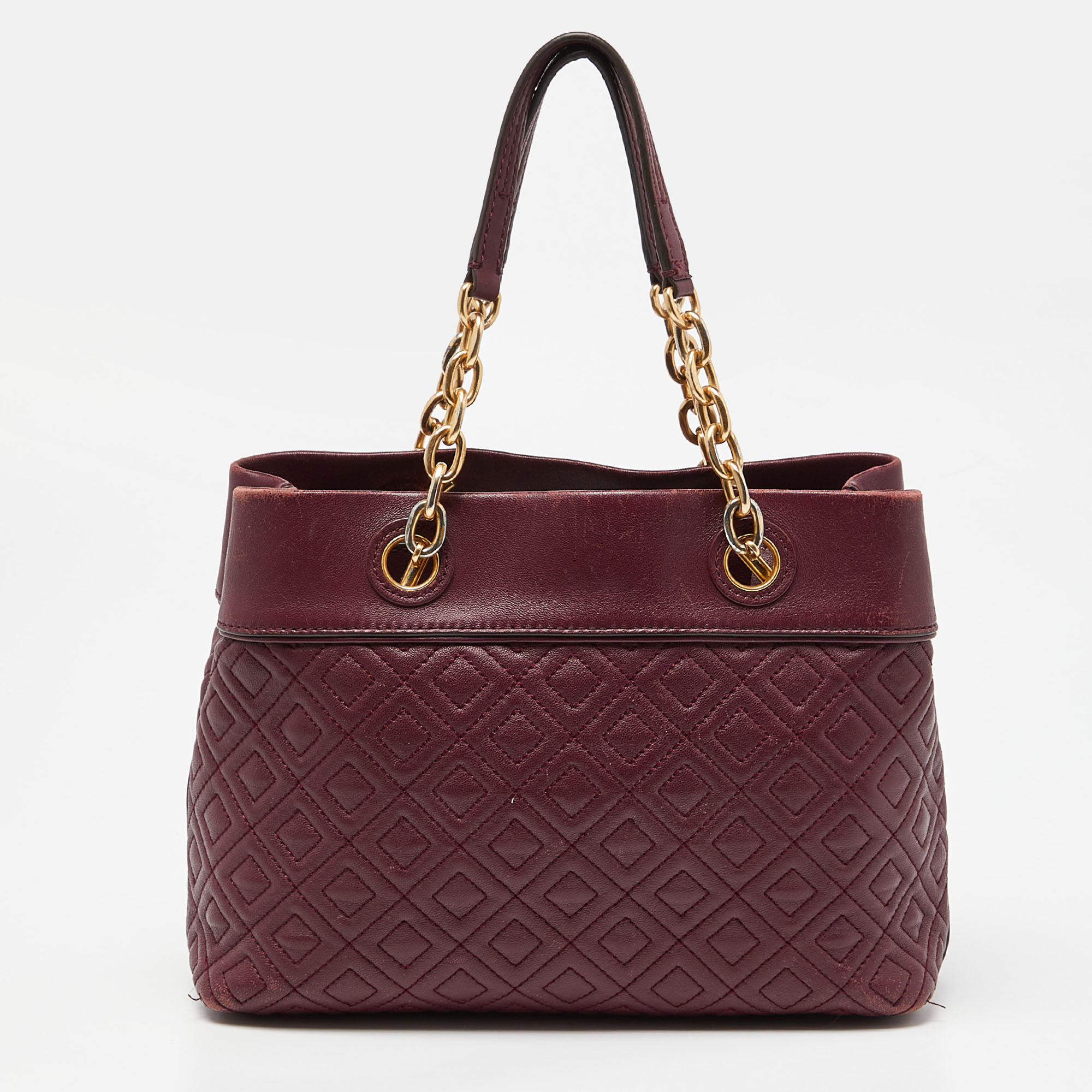 Tory Burch Burgundy Quilted Leather Fleming Satchel