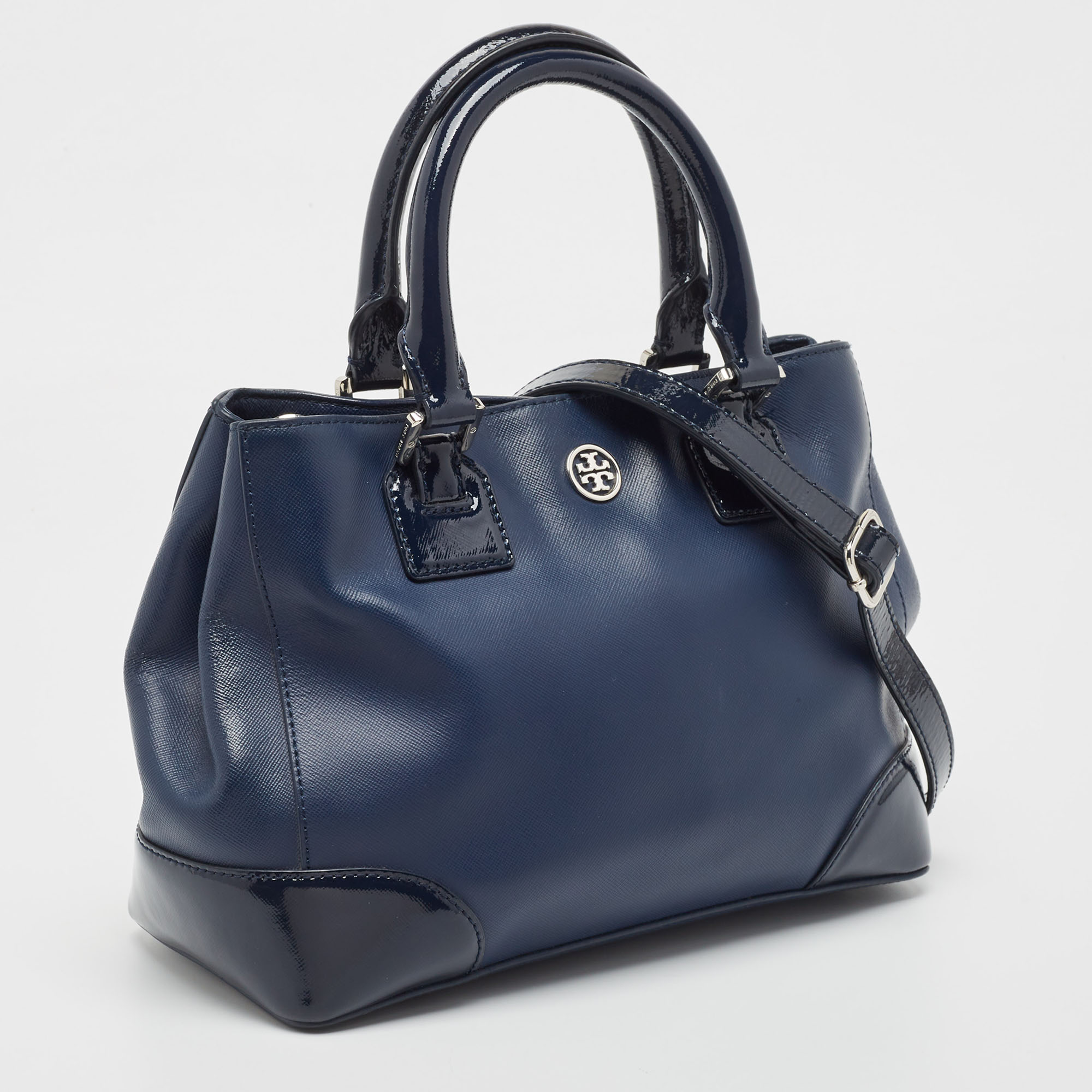 Tory Burch Blue Patent And Leather Robinson Middy Satchel