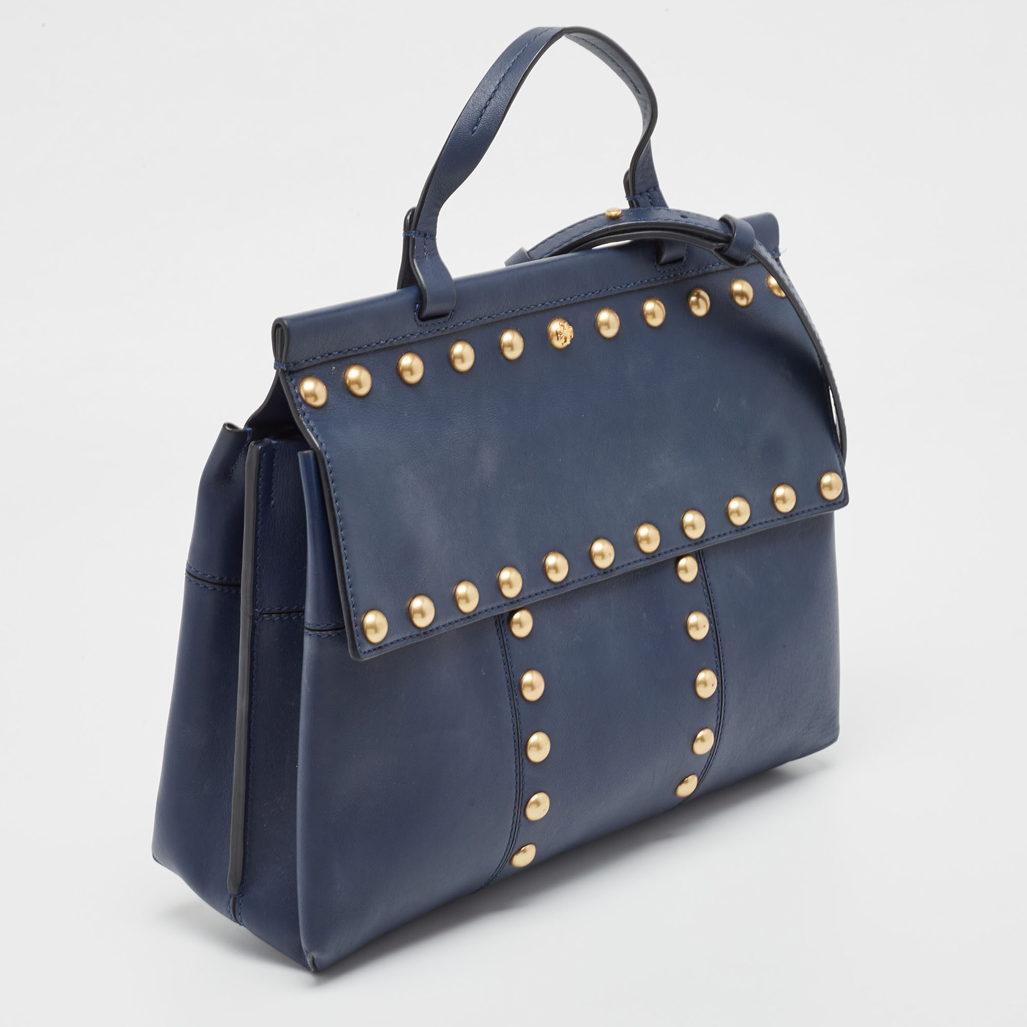 Tory Burch Navy Blue Leather Block-T Studded Top Handle Bag