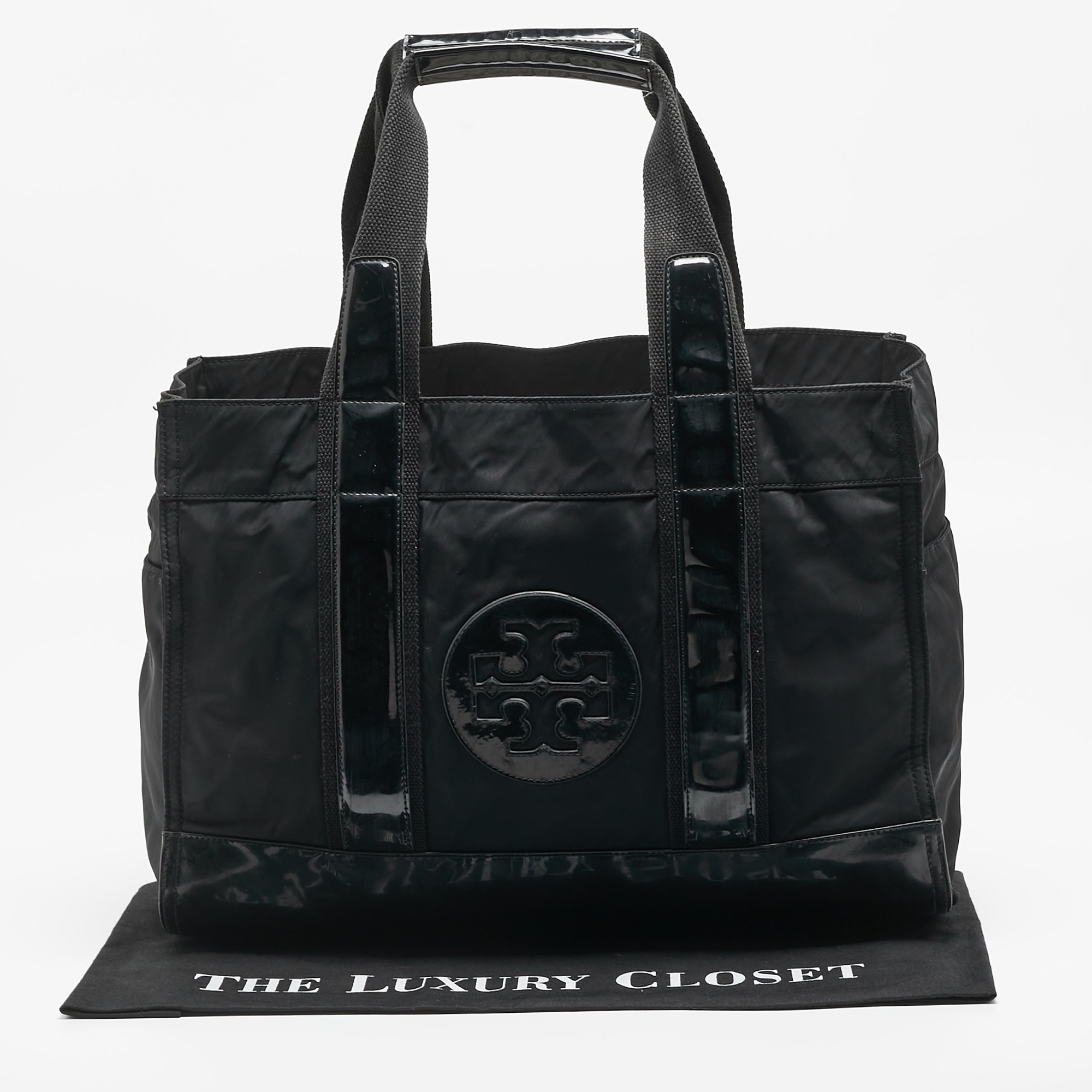 Tory Burch Black Patent Leather And Nylon Large Ella Tote