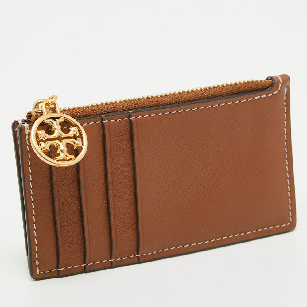 Tory Burch Brown Leather Miller Top Zip Card Case