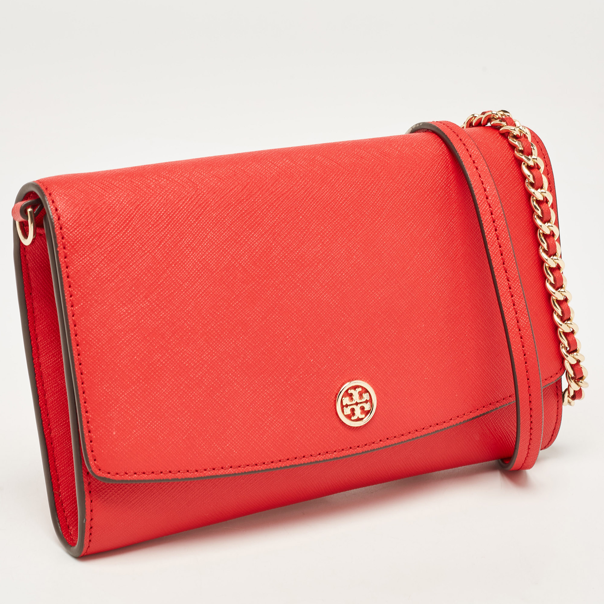 Tory Burch Red Saffiano Leather Robinson Wallet On Chain