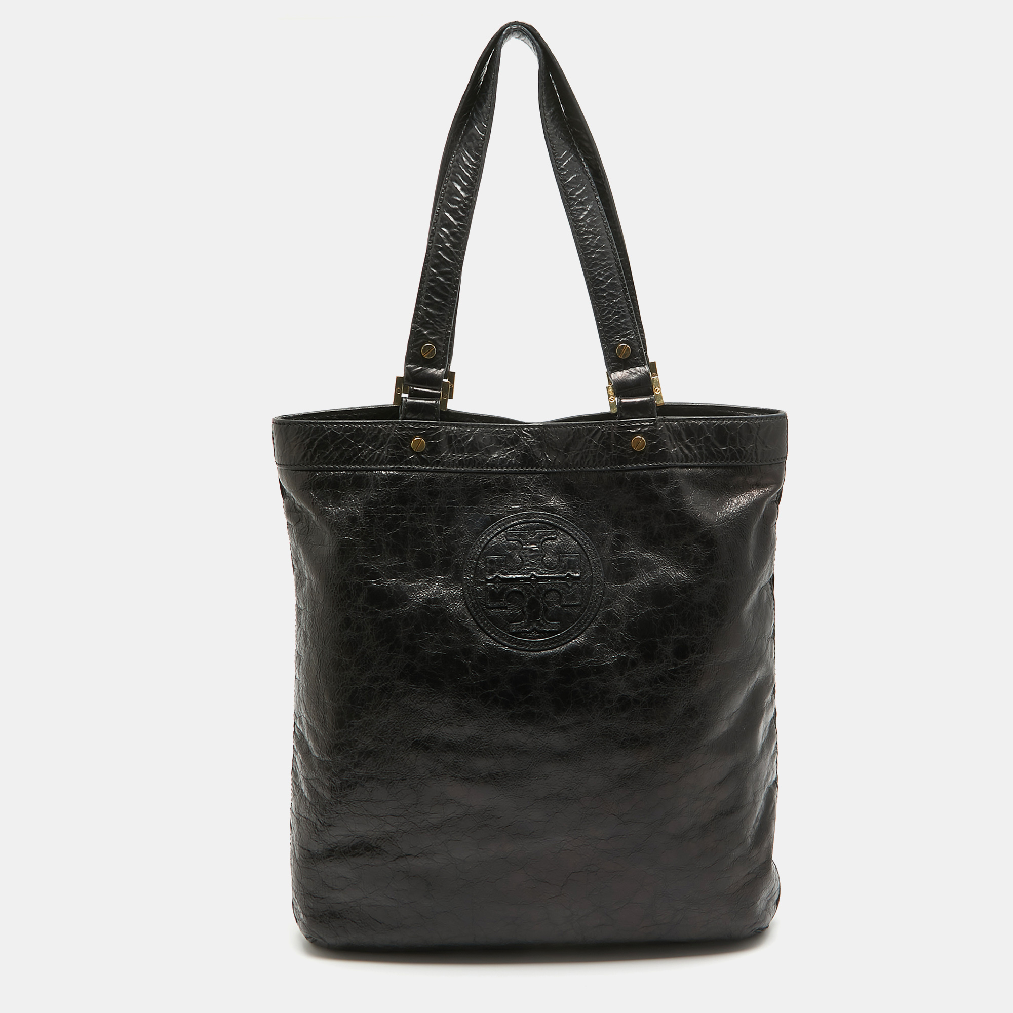 Tory burch black crinkled patent leather embossed tote