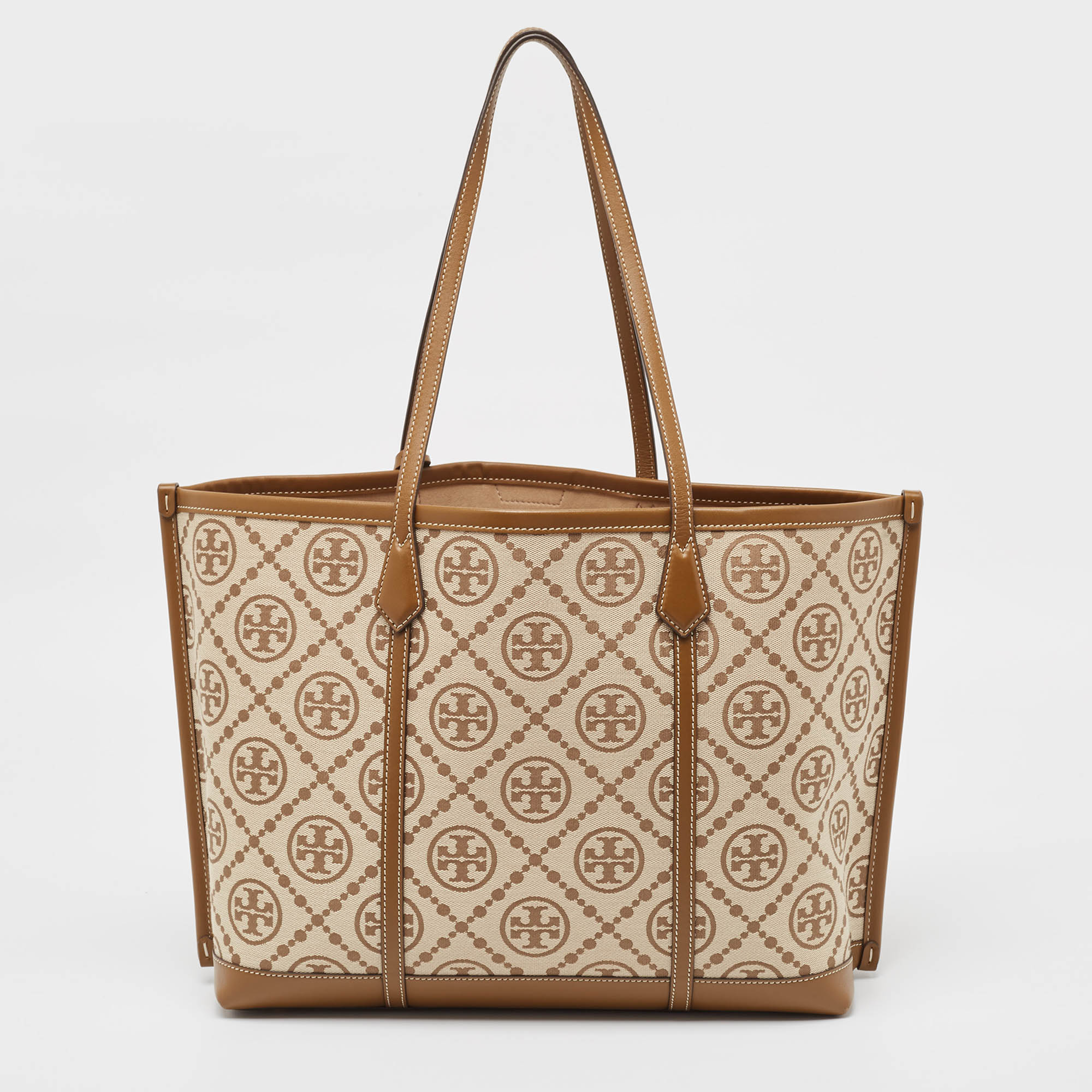 Tory burch tan/beige canvas logo triple-compartment perry tote