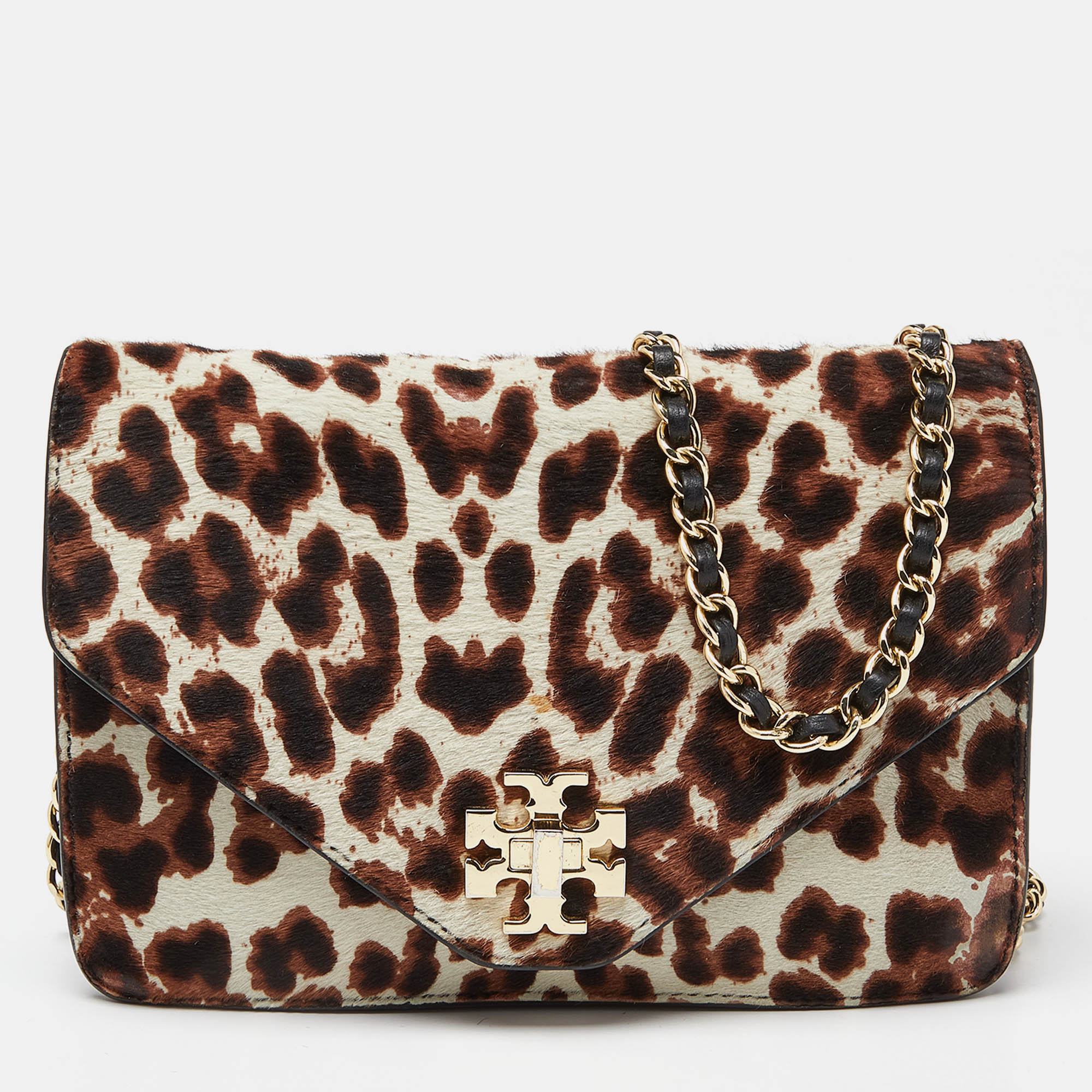 Tory burch brown/black printed fur and leather kira envelope flap chain bag