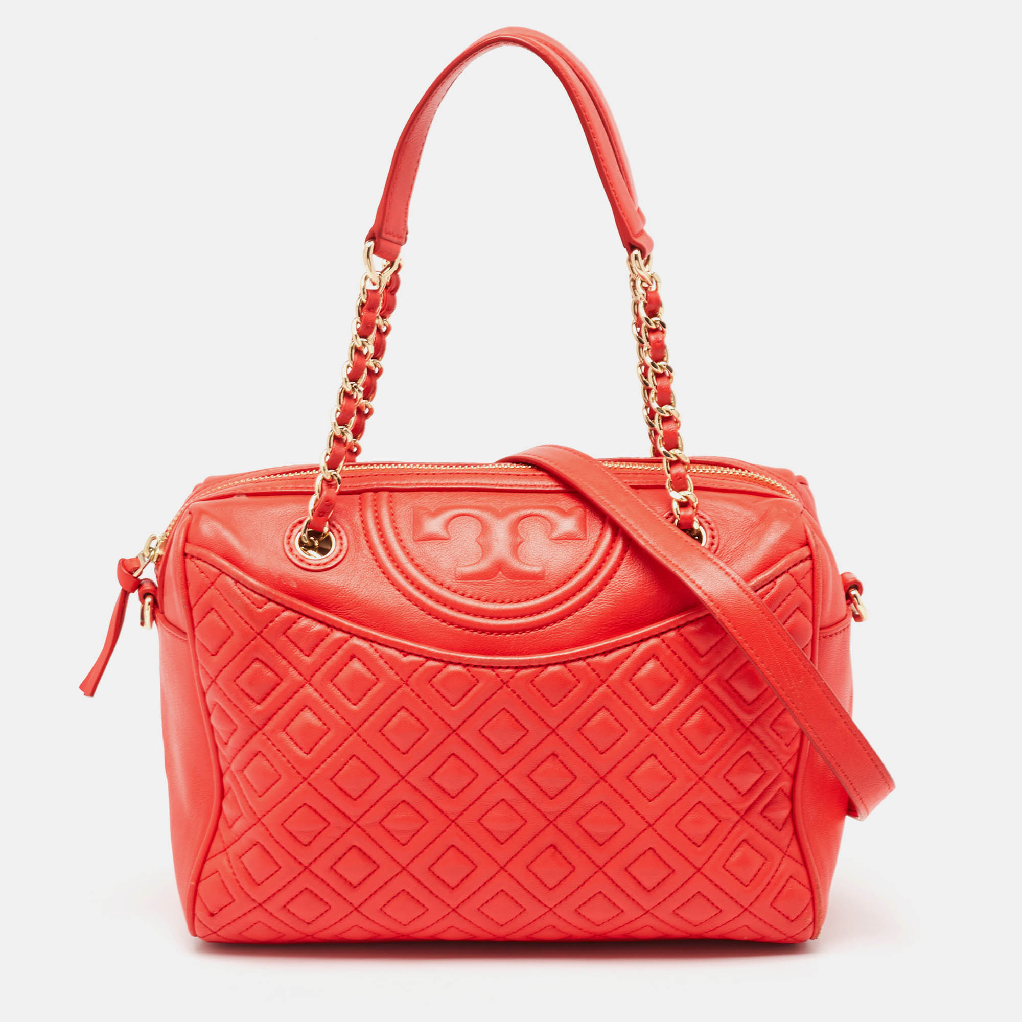 Tory burch red quilted leather fleming duffel bag