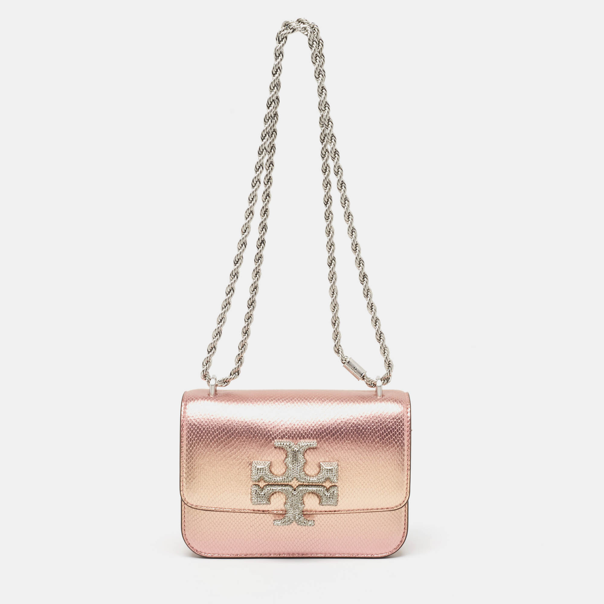 Tory burch metallic peach snakeskin embossed leather and suede small eleanor crystals bag