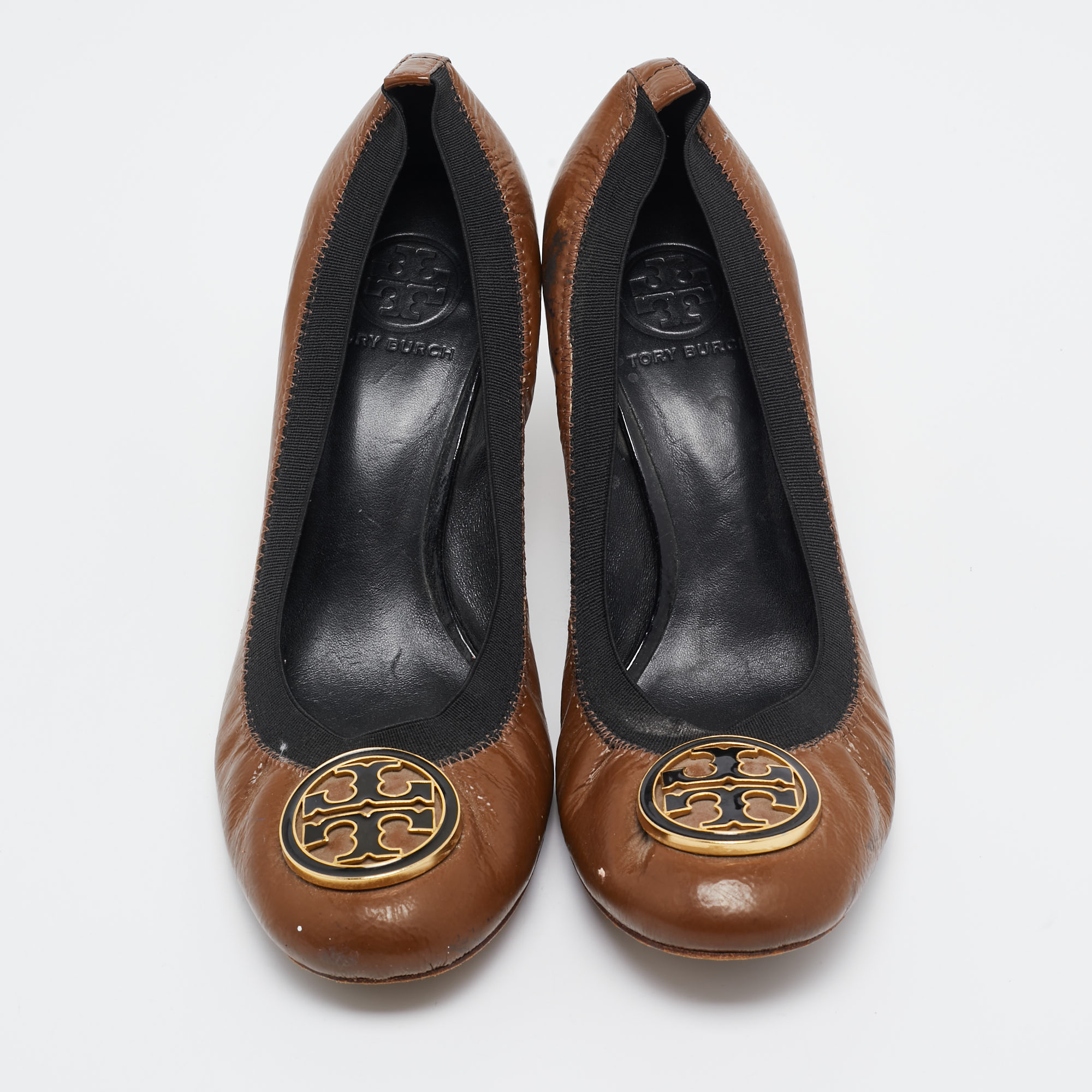 Tory Burch Brown Patent Leather Caroline Scrunch Pumps Size 39