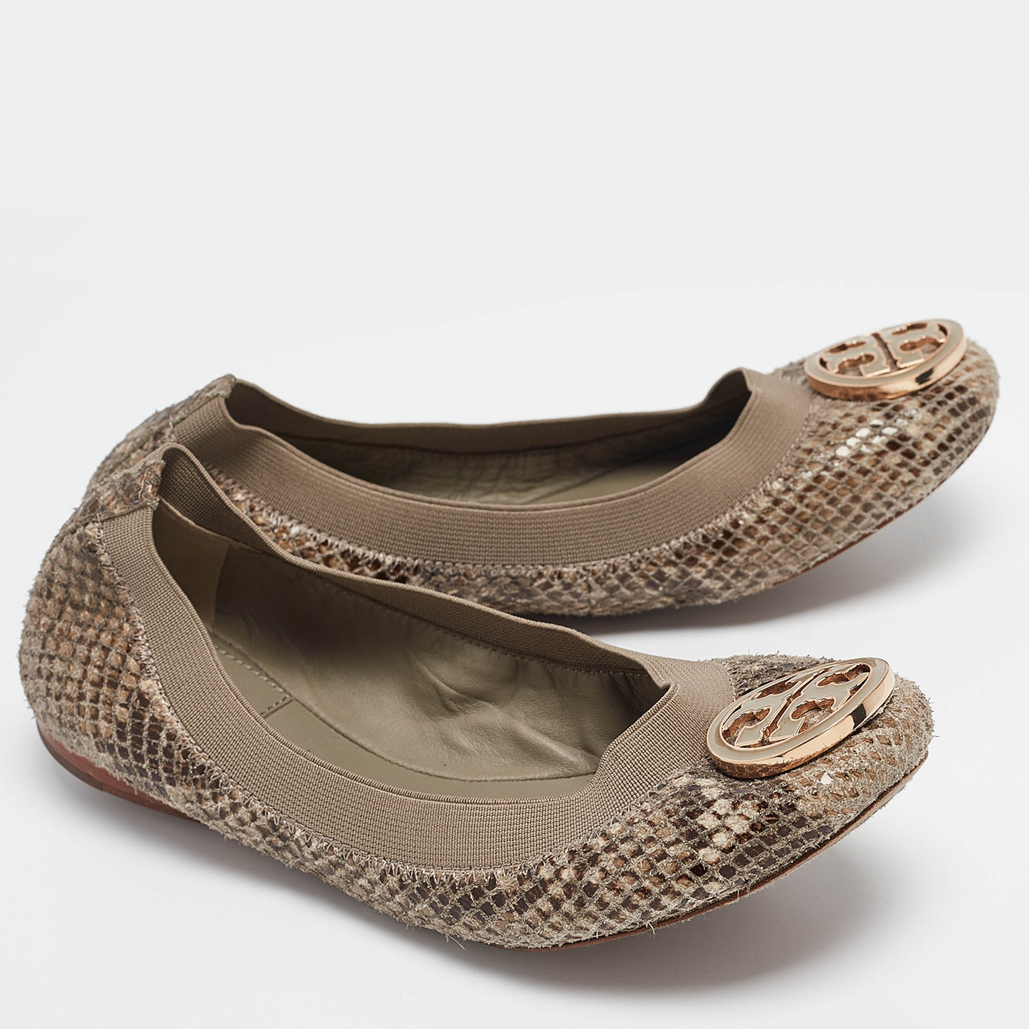 Tory Burch Green/Grey Embossed Snakeskin Leather Caroline Ballet Flats Size 36