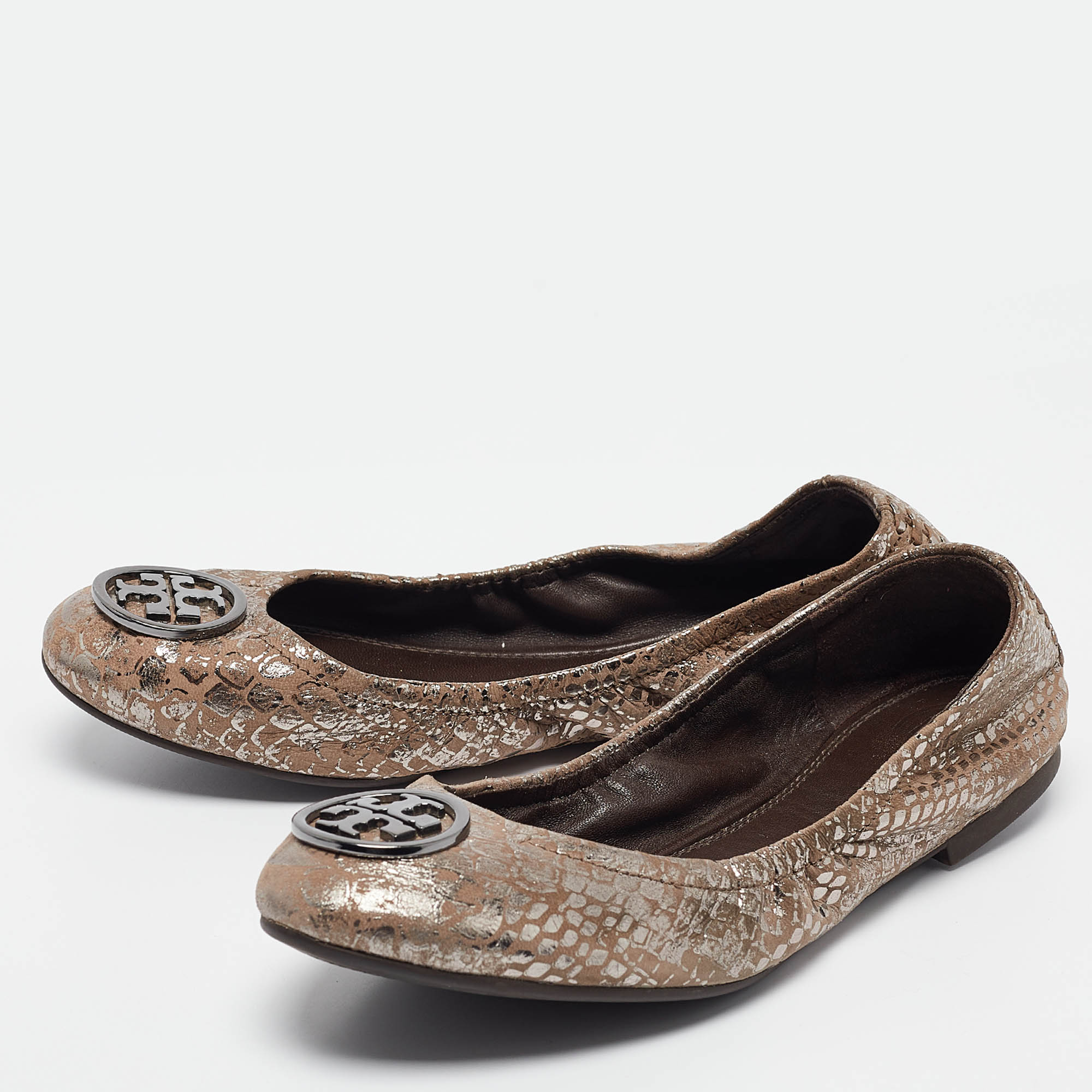 Tory Burch Metallic Brown Textured Suede Heidi Scrunch Ballet Flats Size 36