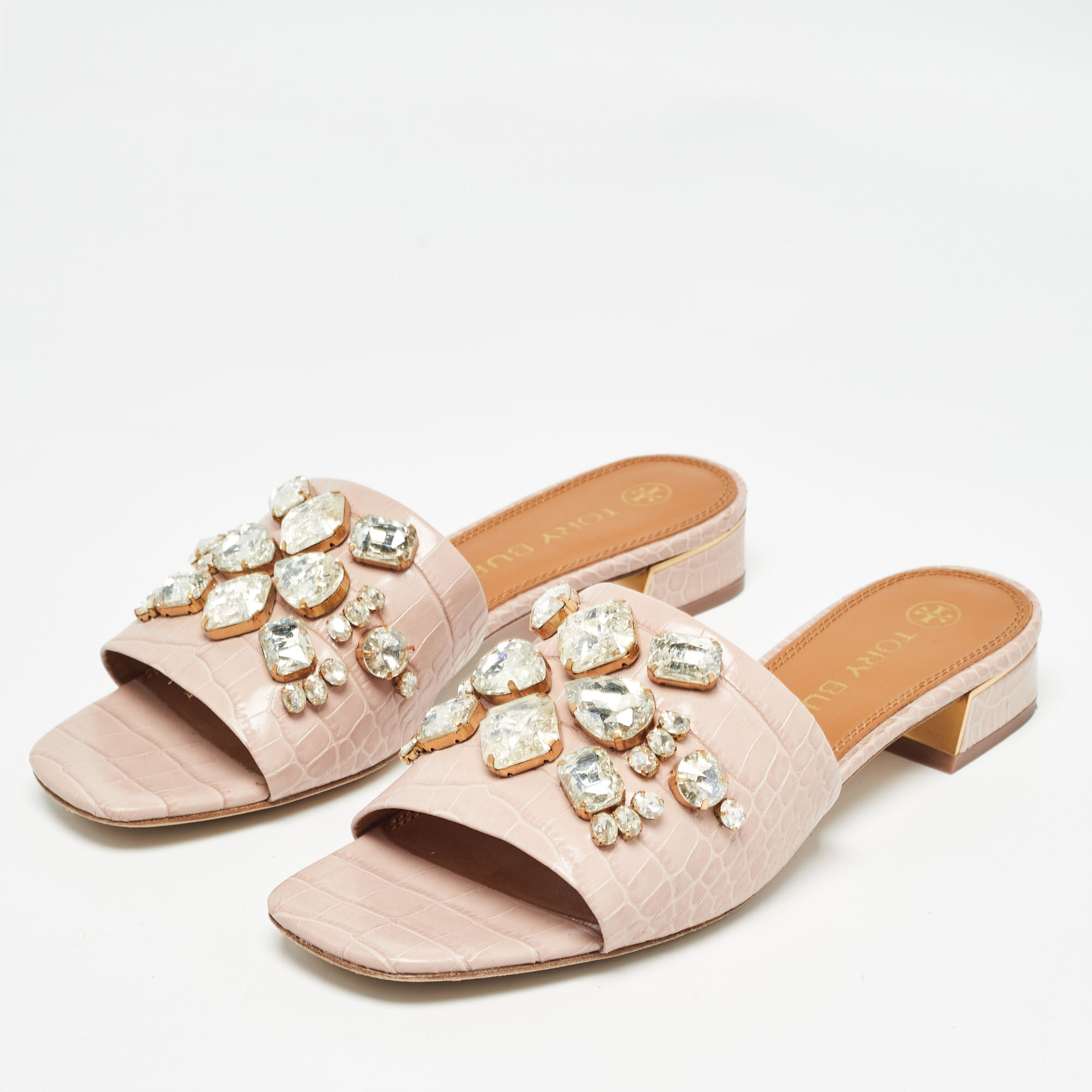 Tory Burch Pink Embossed Croc Crystal Embellished Slide Sandals Size 39.5