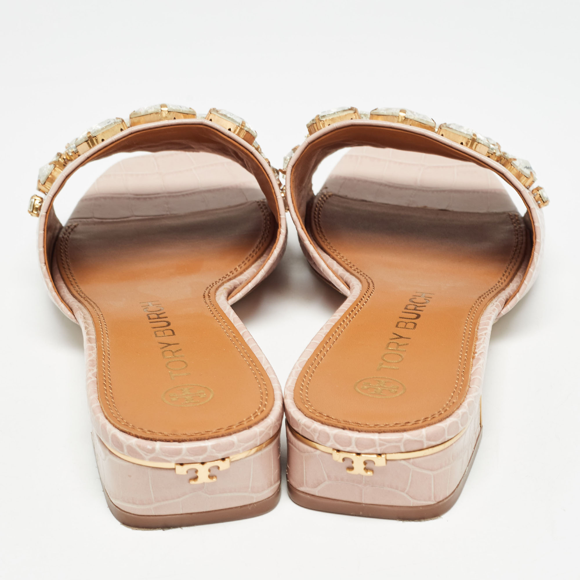 Tory Burch Pink Embossed Croc Crystal Embellished Slide Sandals Size 39.5