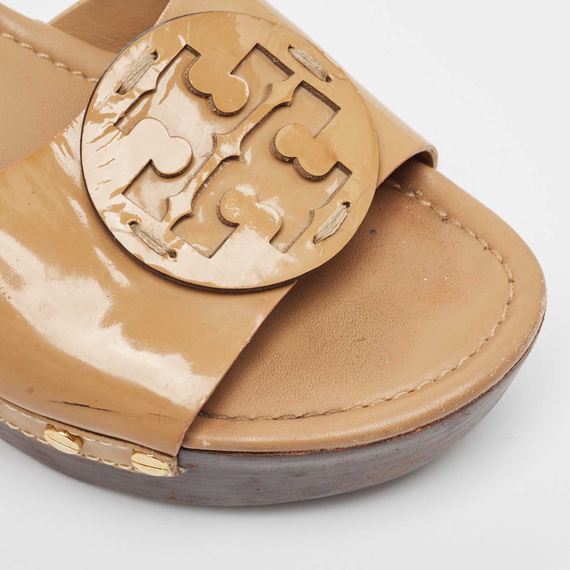 Tory Burch Beige Patent Leather Platform Sandals Size 38.5