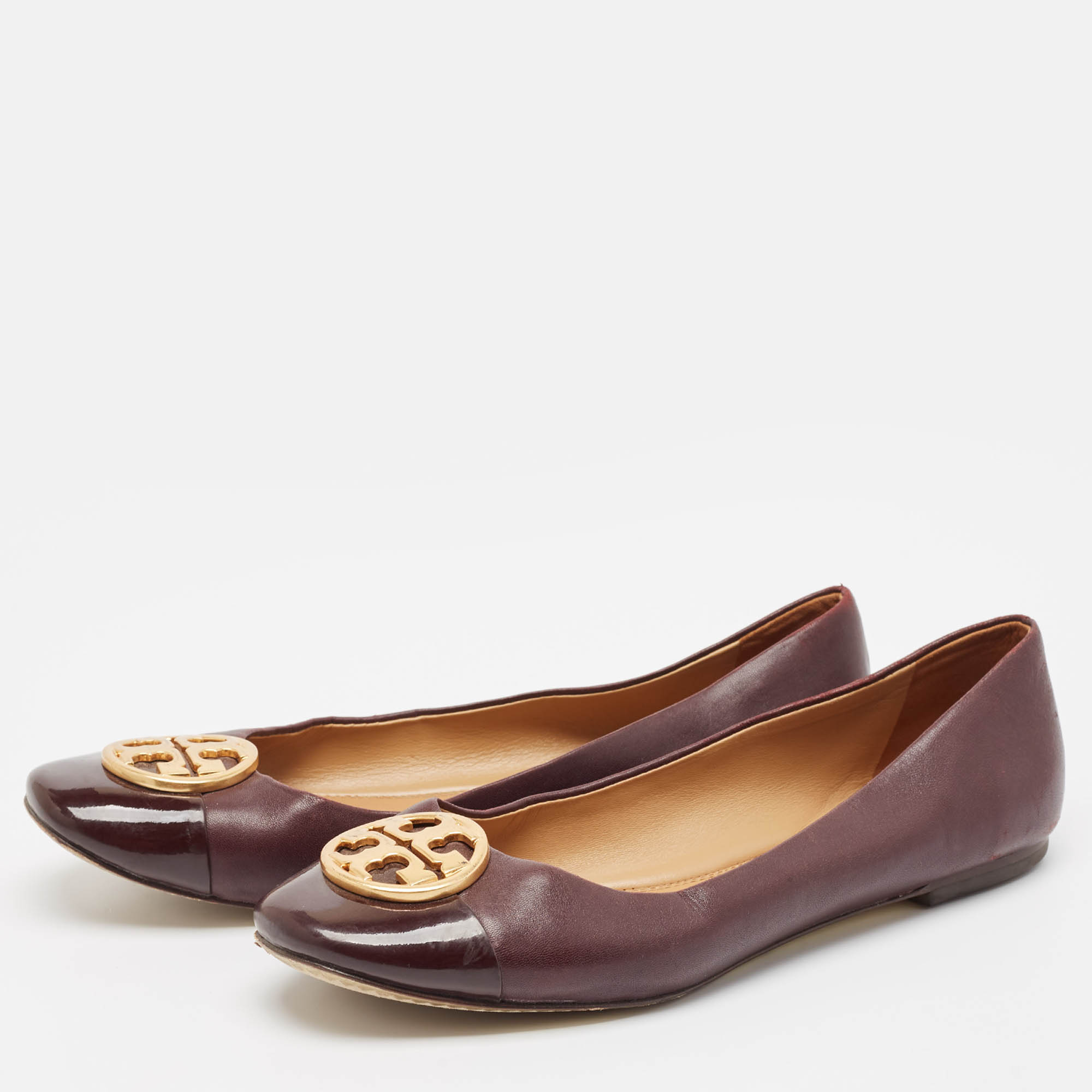 Tory Burch Burgundy Leather And Patent Cap Toe Chelsea Ballet Flats Size 40