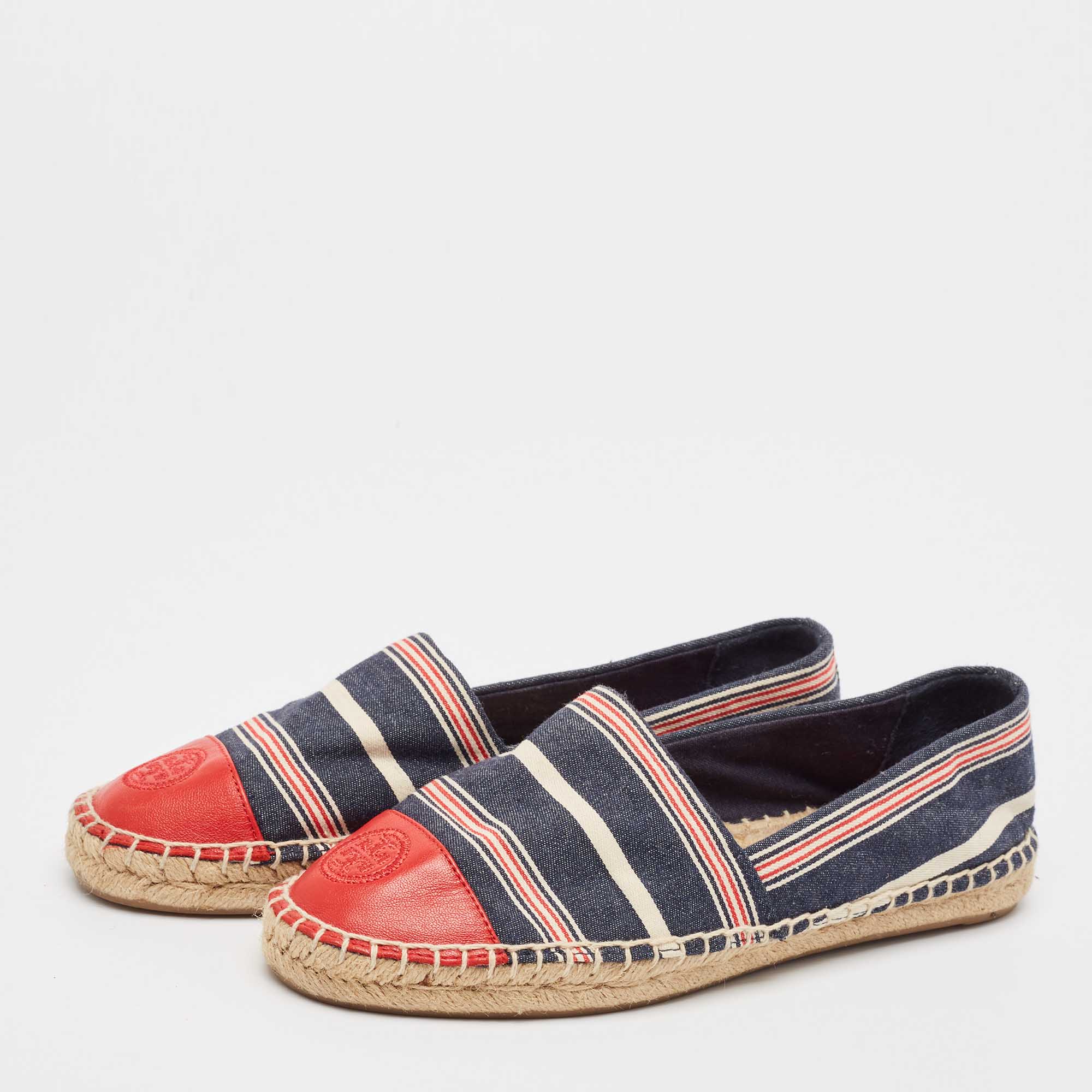 Tory Burch Multicolor Denim And Leather Espadrille Flats Size 37.5