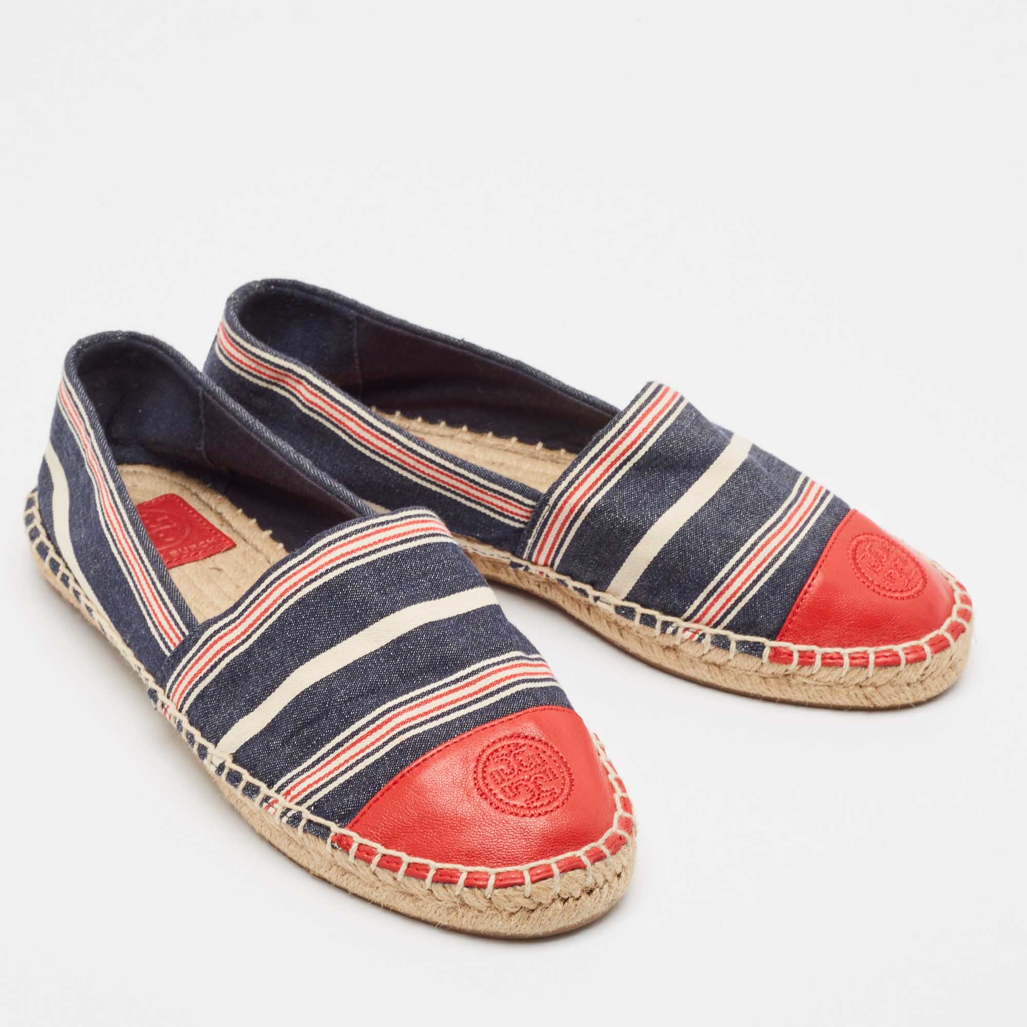 Tory Burch Multicolor Denim And Leather Espadrille Flats Size 37.5