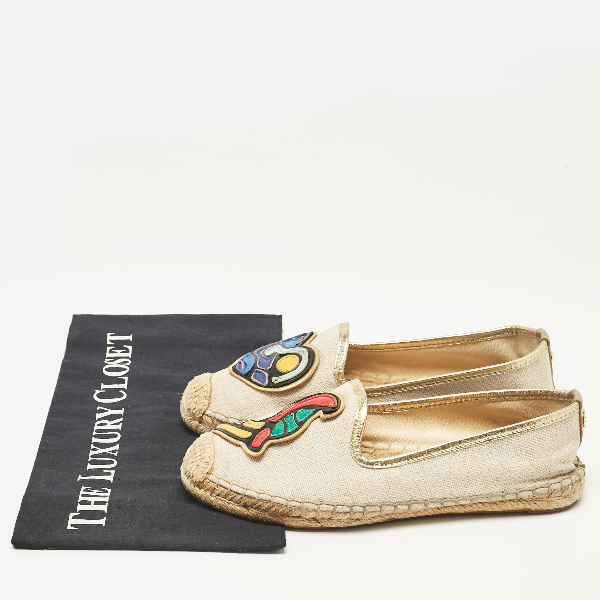 Tory Burch Beige Canvas And Leather Espadrille Flats Size 36.5