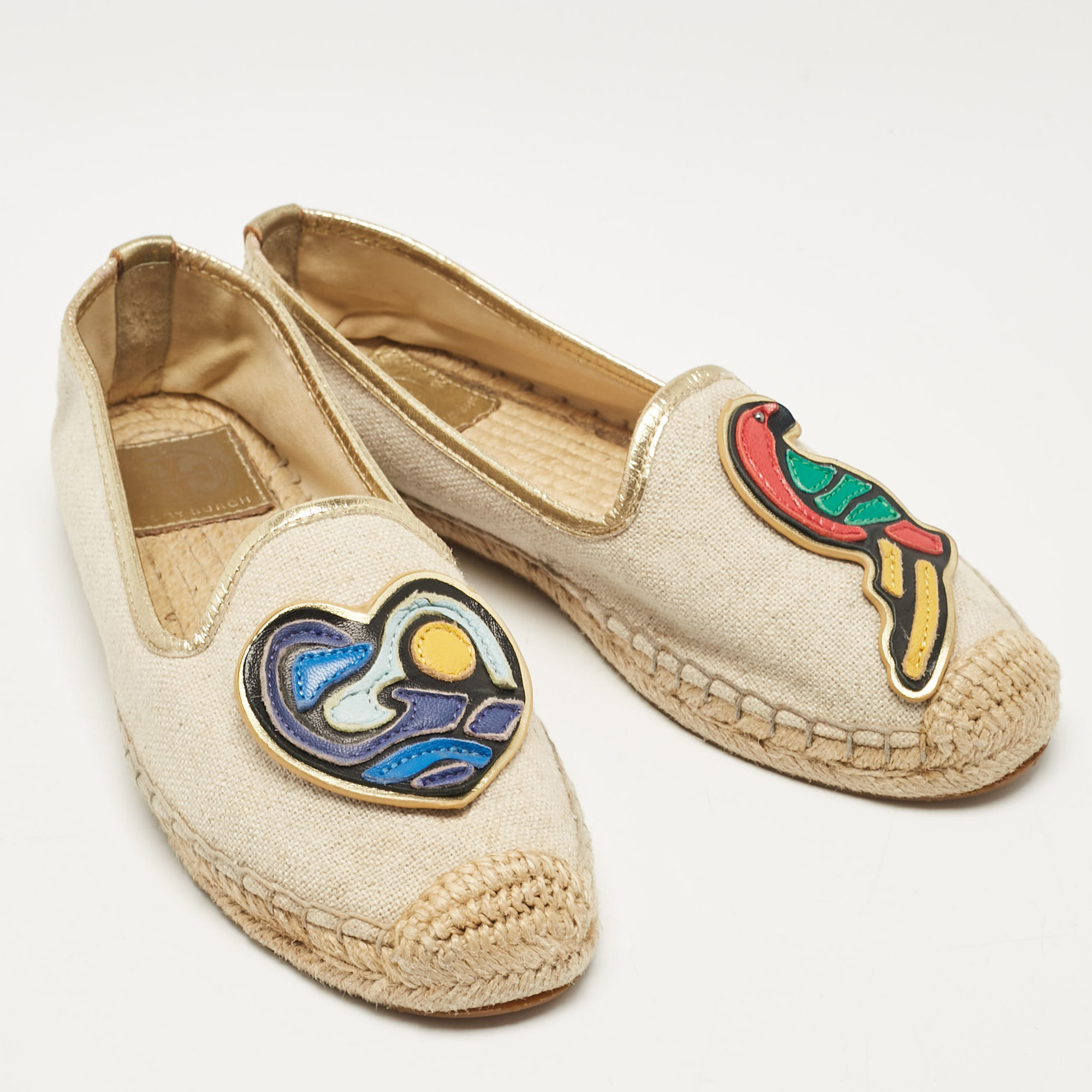 Tory Burch Beige Canvas And Leather Espadrille Flats Size 36.5