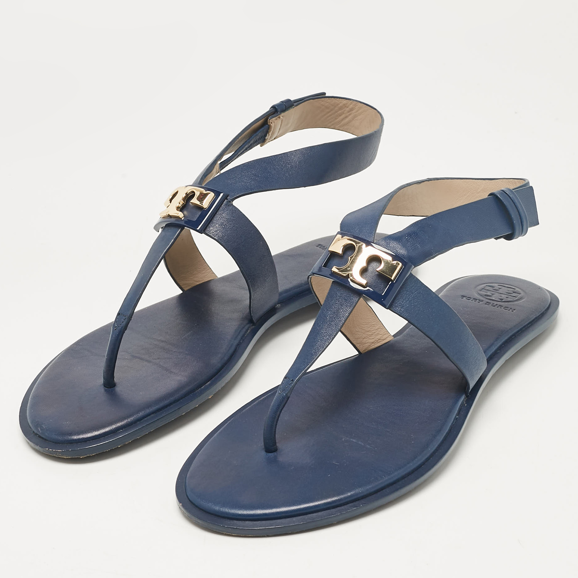 Tory Burch Navy Blue Leather Gigi Thong Flat Sandals Size 38.5