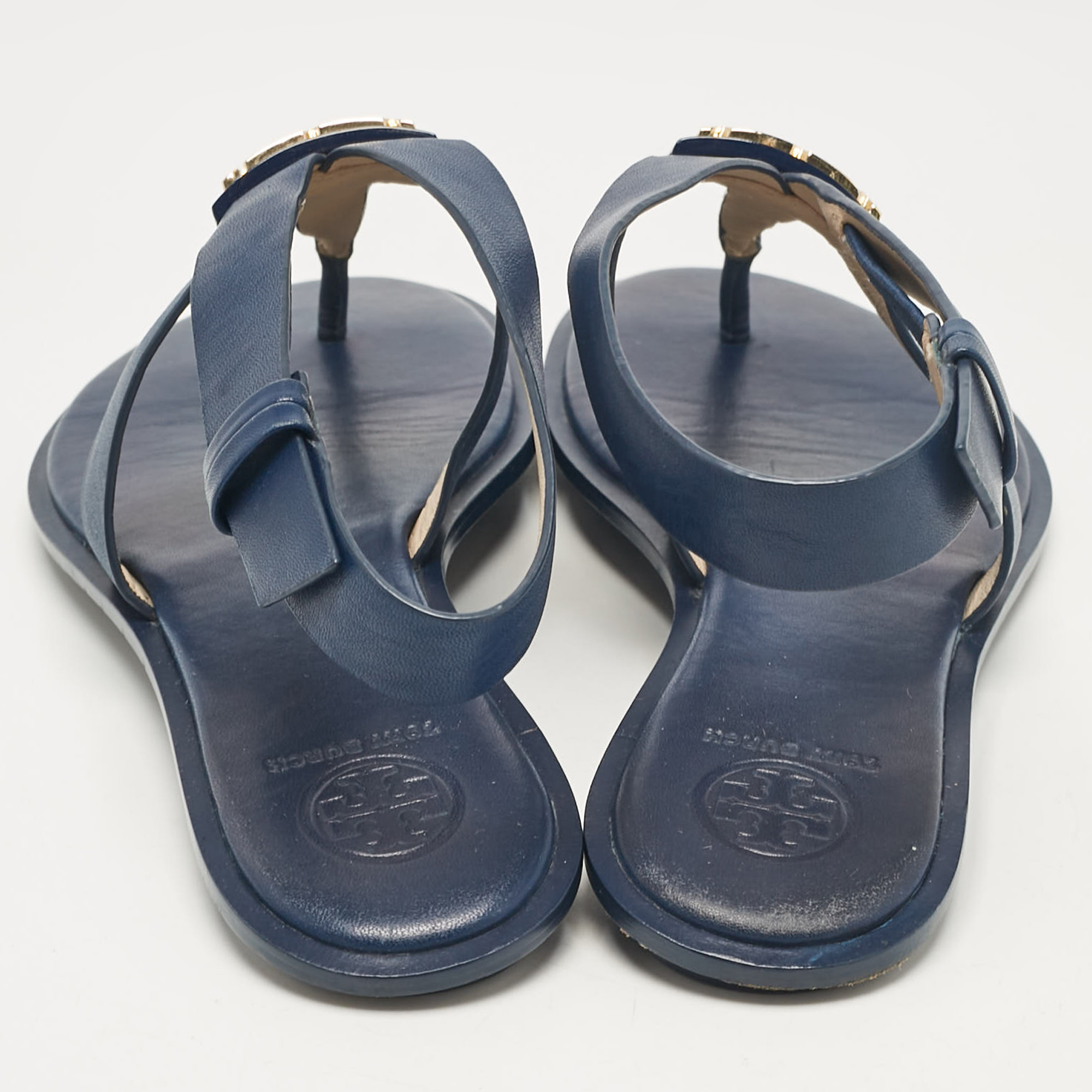 Tory Burch Navy Blue Leather Gigi Thong Flat Sandals Size 38.5