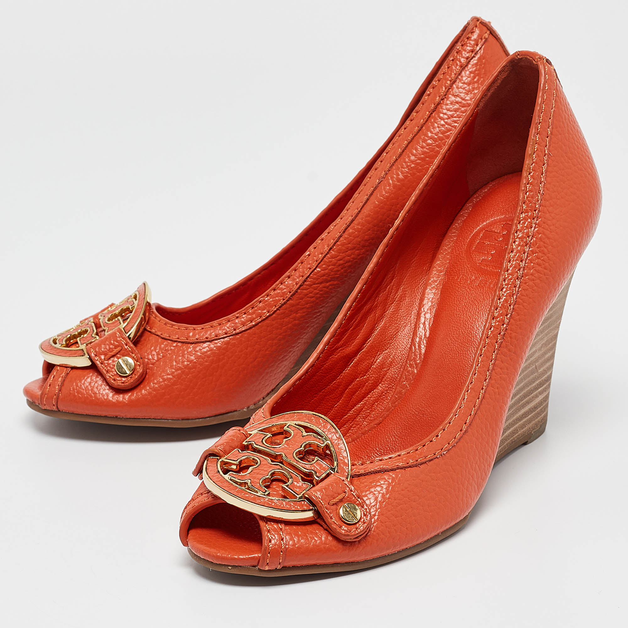 Tory Burch Orange Leather Wedge Sandals Size 37