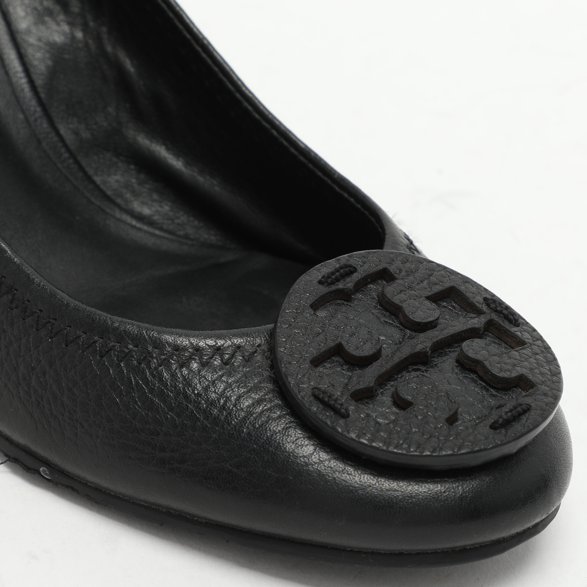 Tory Burch Black Leather Sally Wedge Pumps Size 36.5