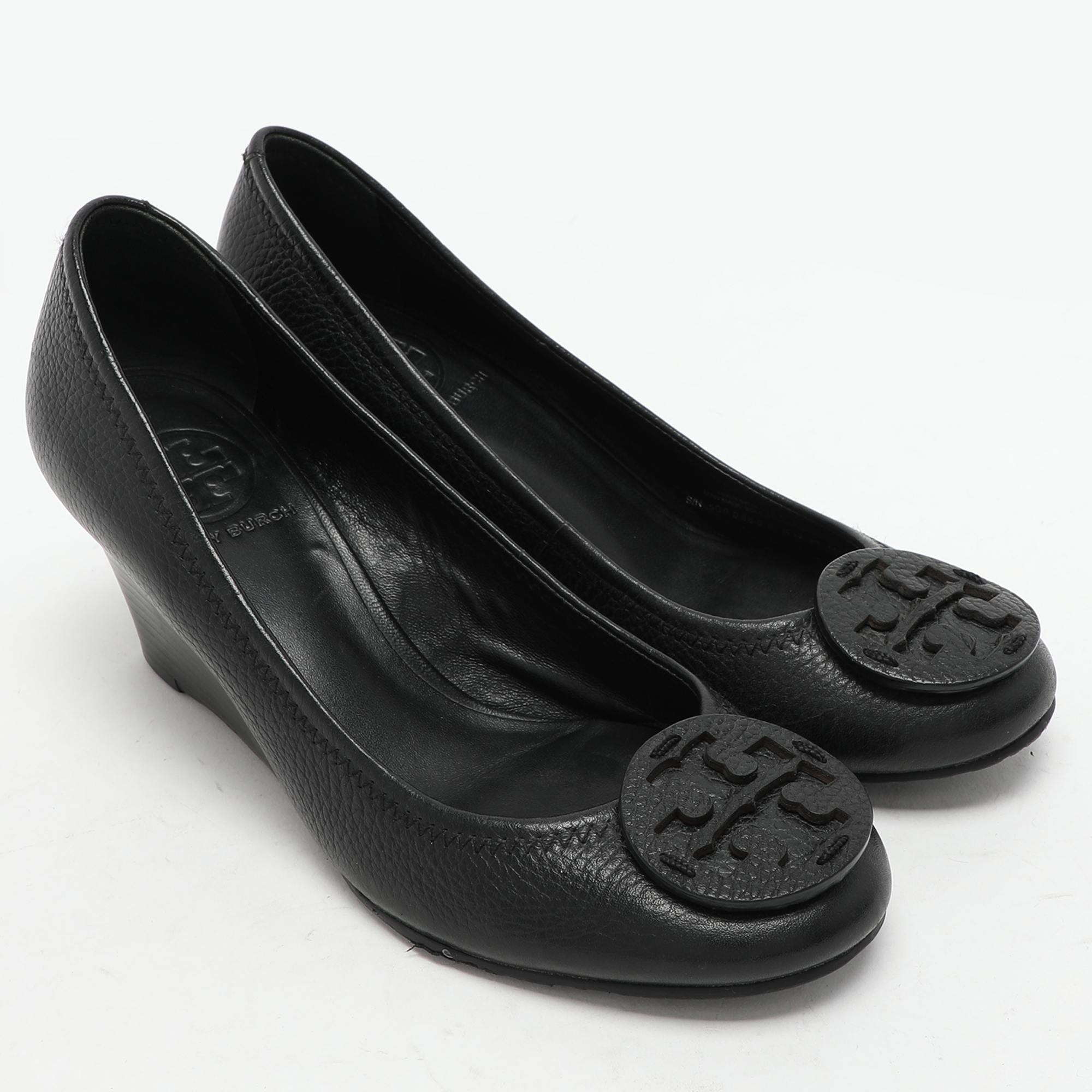 Tory Burch Black Leather Sally Wedge Pumps Size 36.5