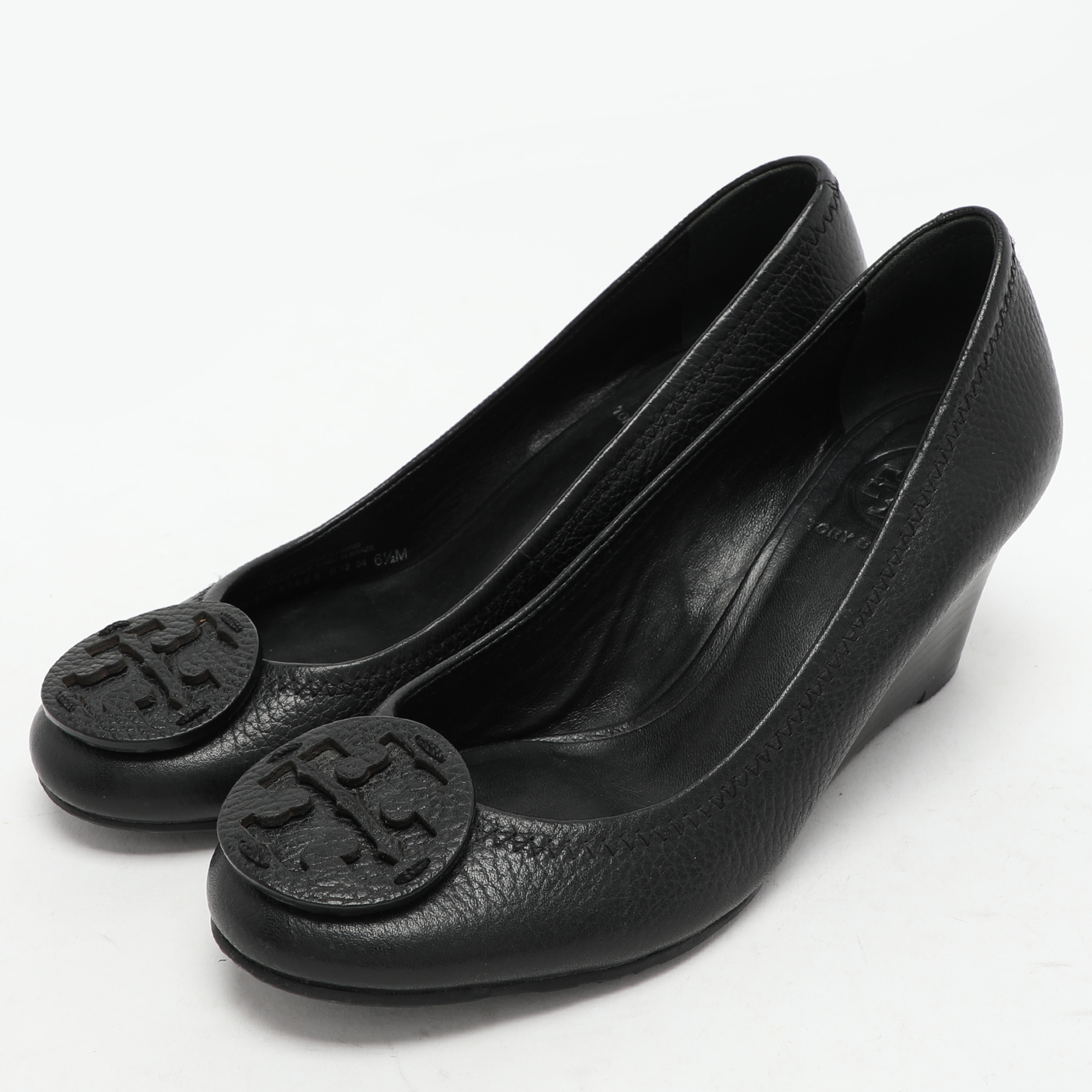 Tory Burch Black Leather Sally Wedge Pumps Size 36.5