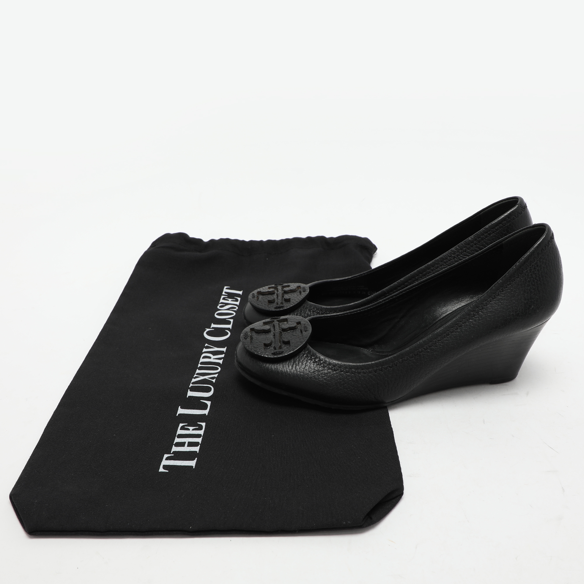 Tory Burch Black Leather Sally Wedge Pumps Size 36.5