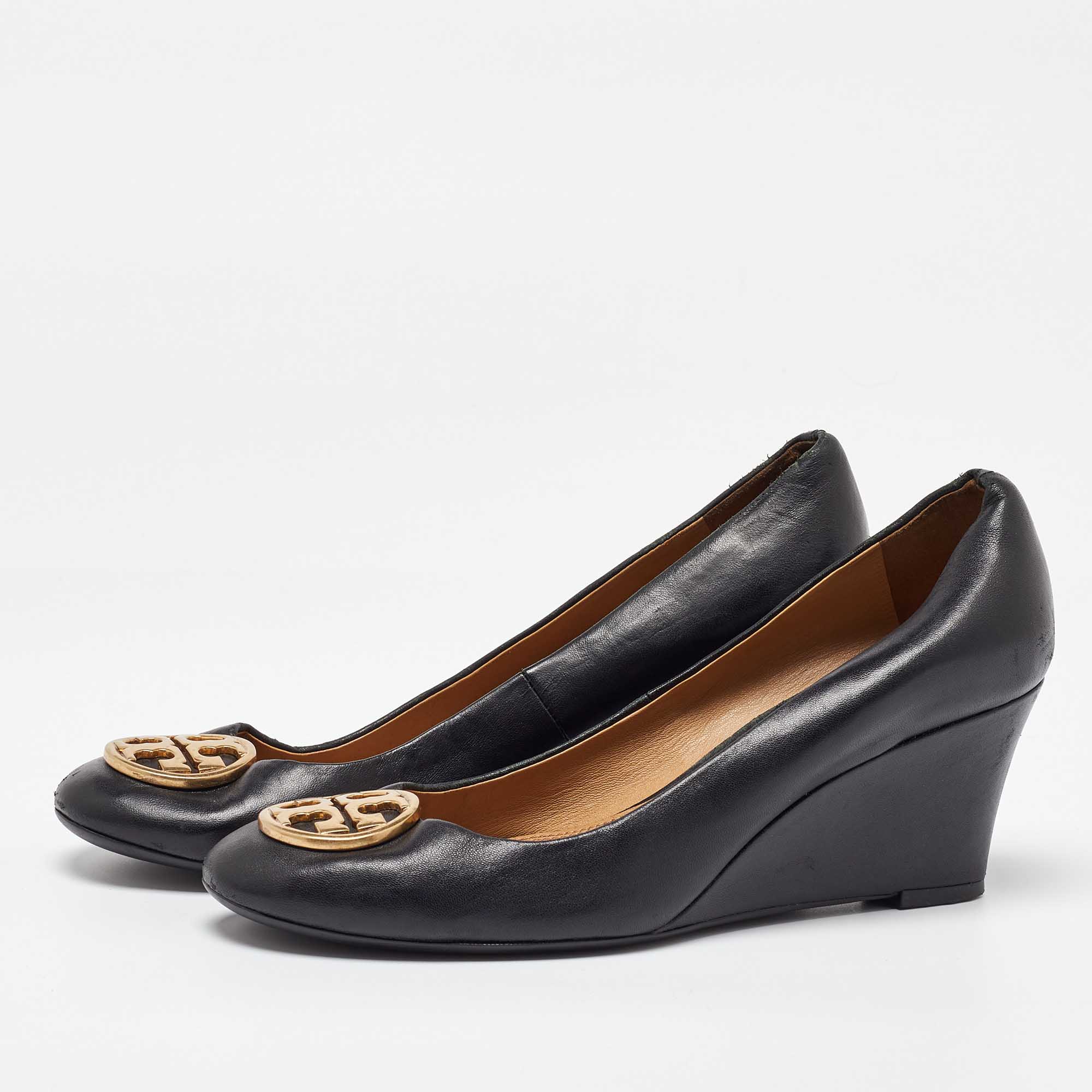 Tory Burch Black Leather Sally Wedge Pumps Size 37