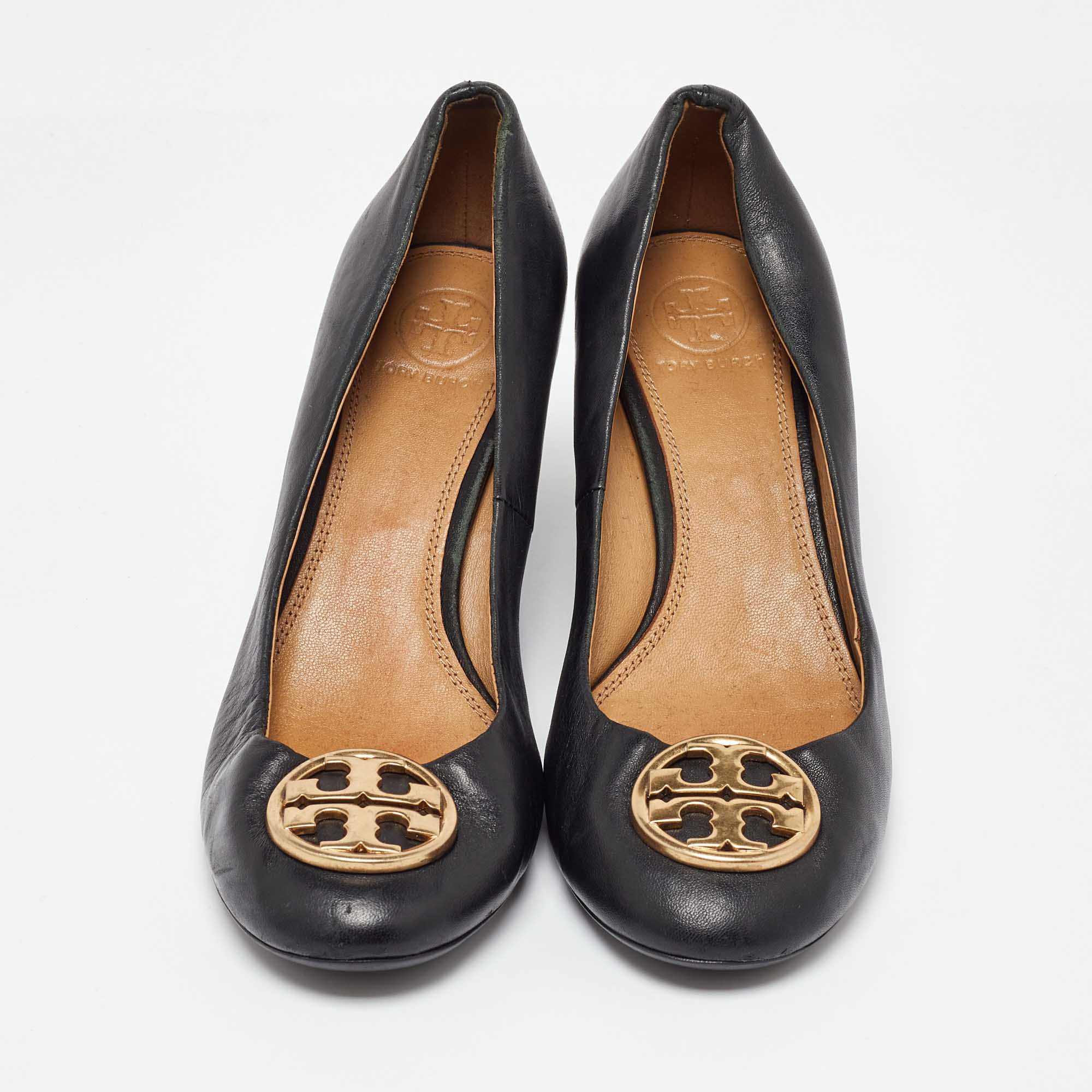 Tory Burch Black Leather Sally Wedge Pumps Size 37