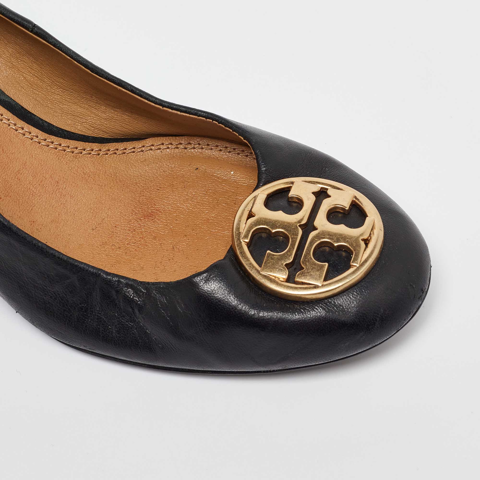 Tory Burch Black Leather Sally Wedge Pumps Size 37