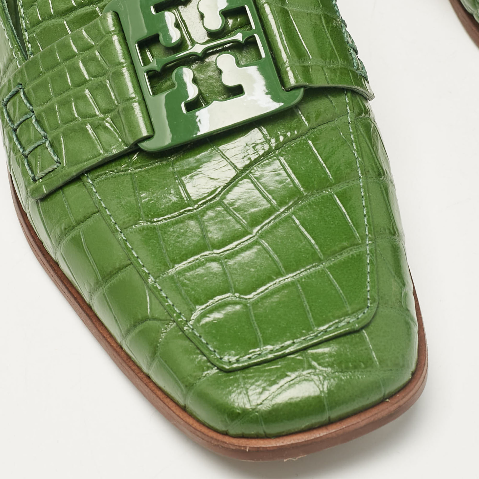 Tory Burch Green Croc Embossed Leather Georgia Loafers Size 38.5