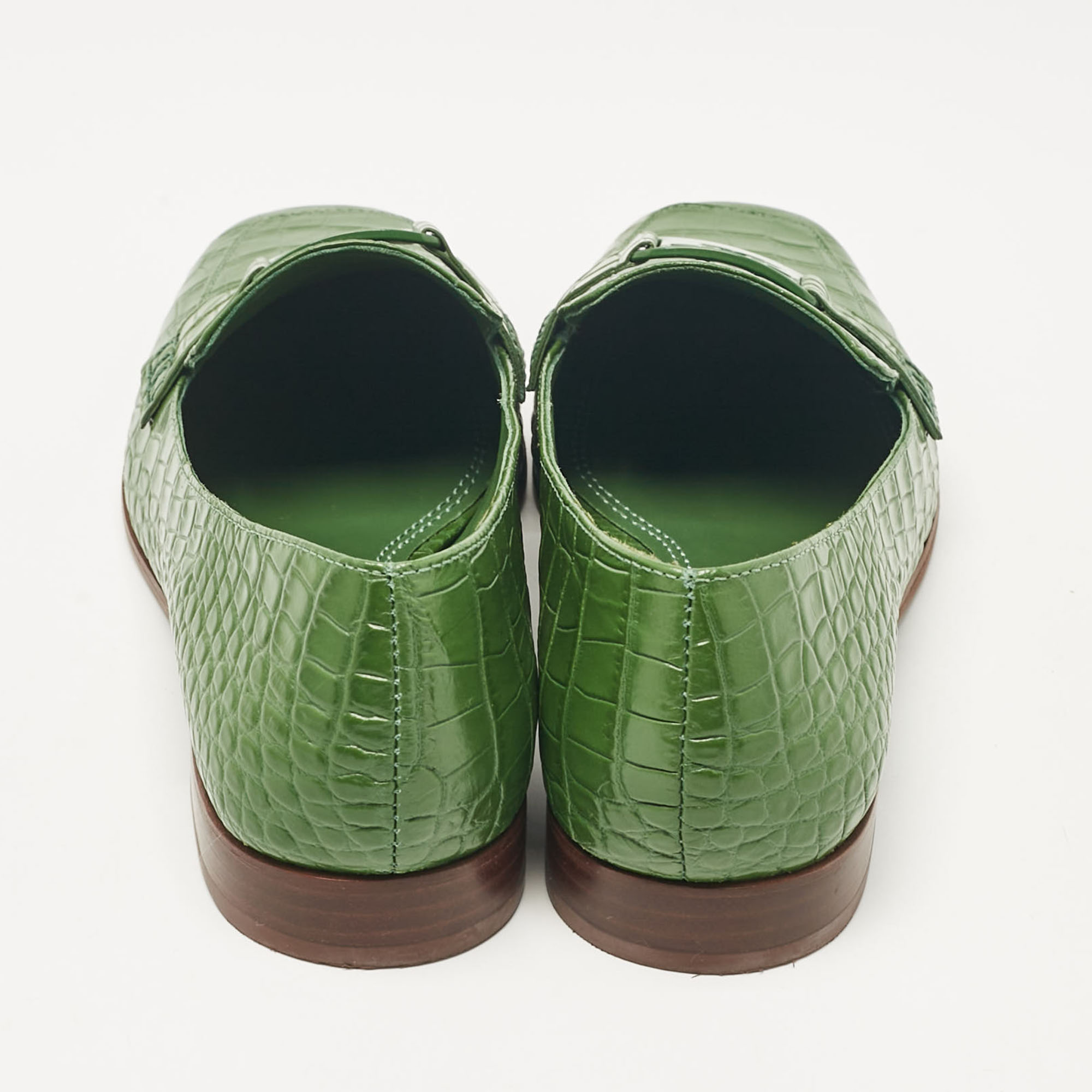 Tory Burch Green Croc Embossed Leather Georgia Loafers Size 38.5