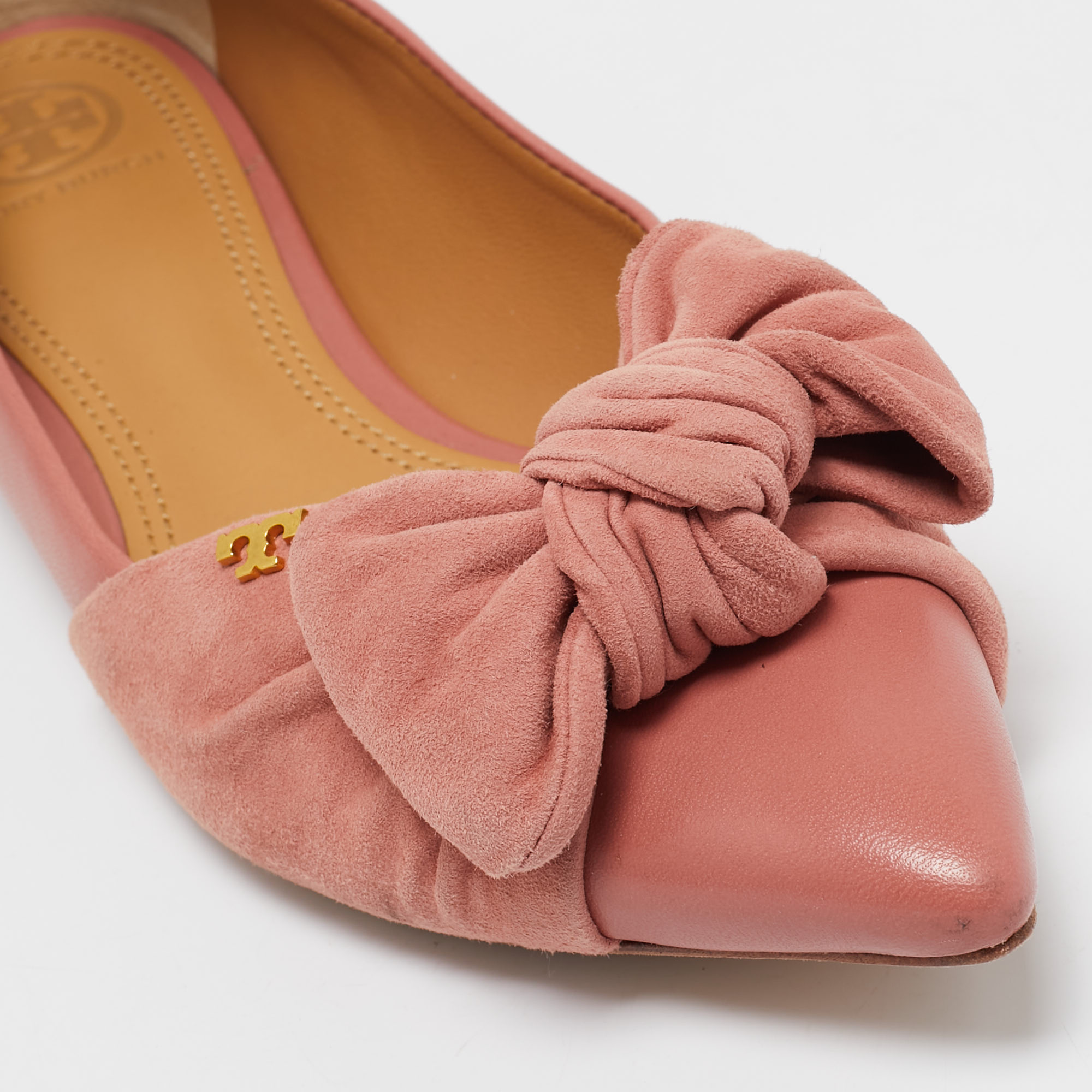 Tory Burch Pink Leather And Suede Knotted Bow Ballet Flats Size 37.5