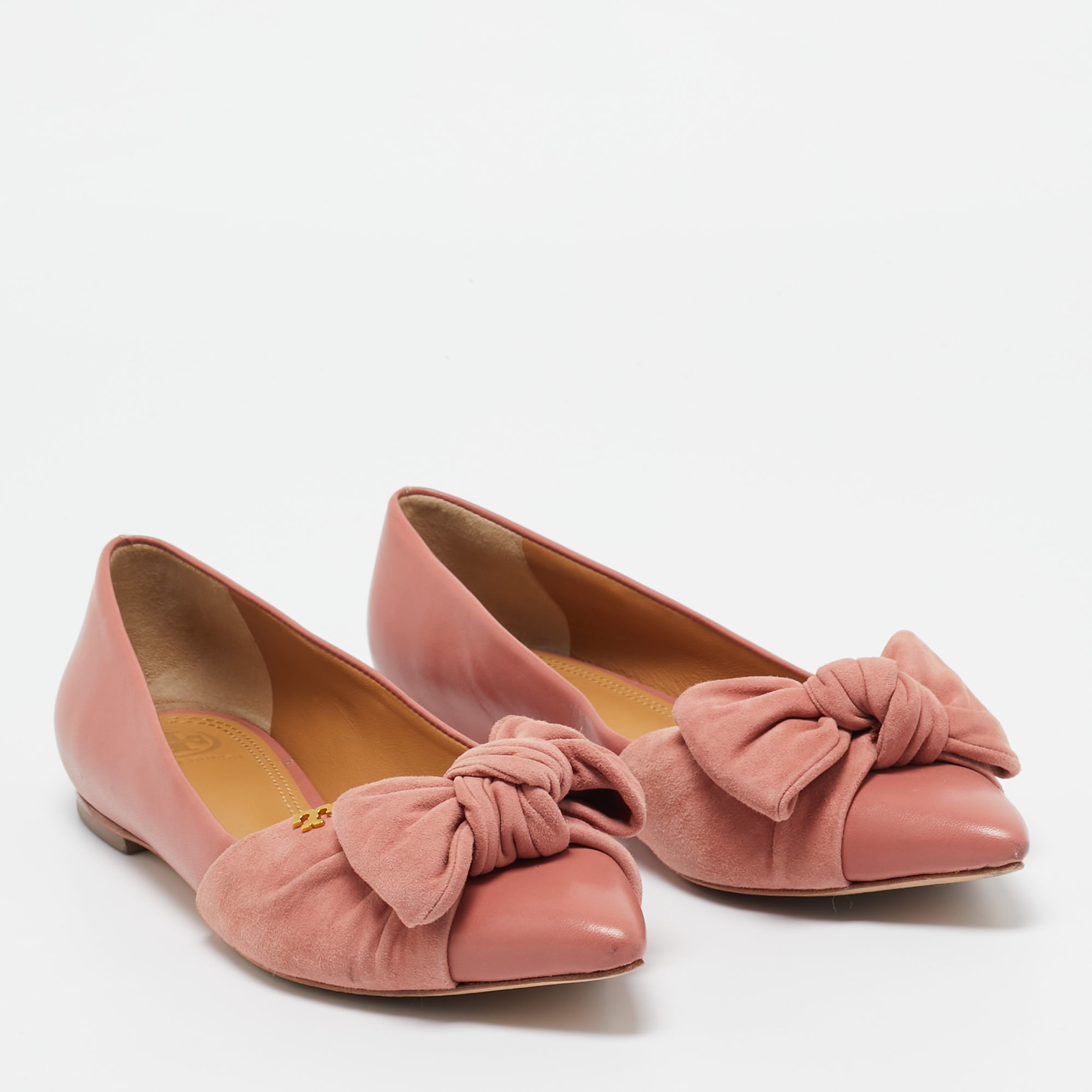 Tory Burch Pink Leather And Suede Knotted Bow Ballet Flats Size 37.5