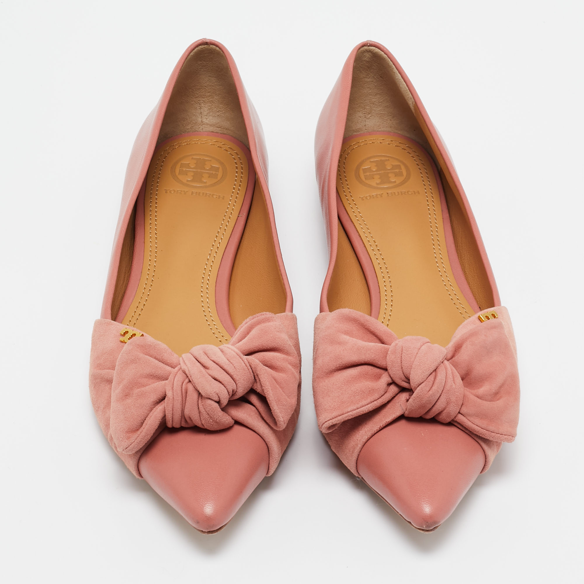 Tory Burch Pink Leather And Suede Knotted Bow Ballet Flats Size 37.5