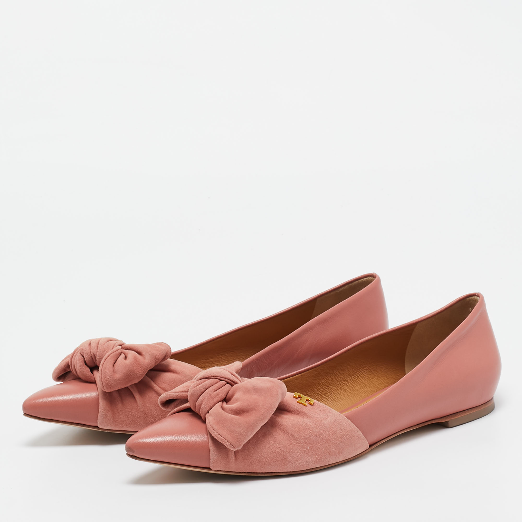 Tory Burch Pink Leather And Suede Knotted Bow Ballet Flats Size 37.5