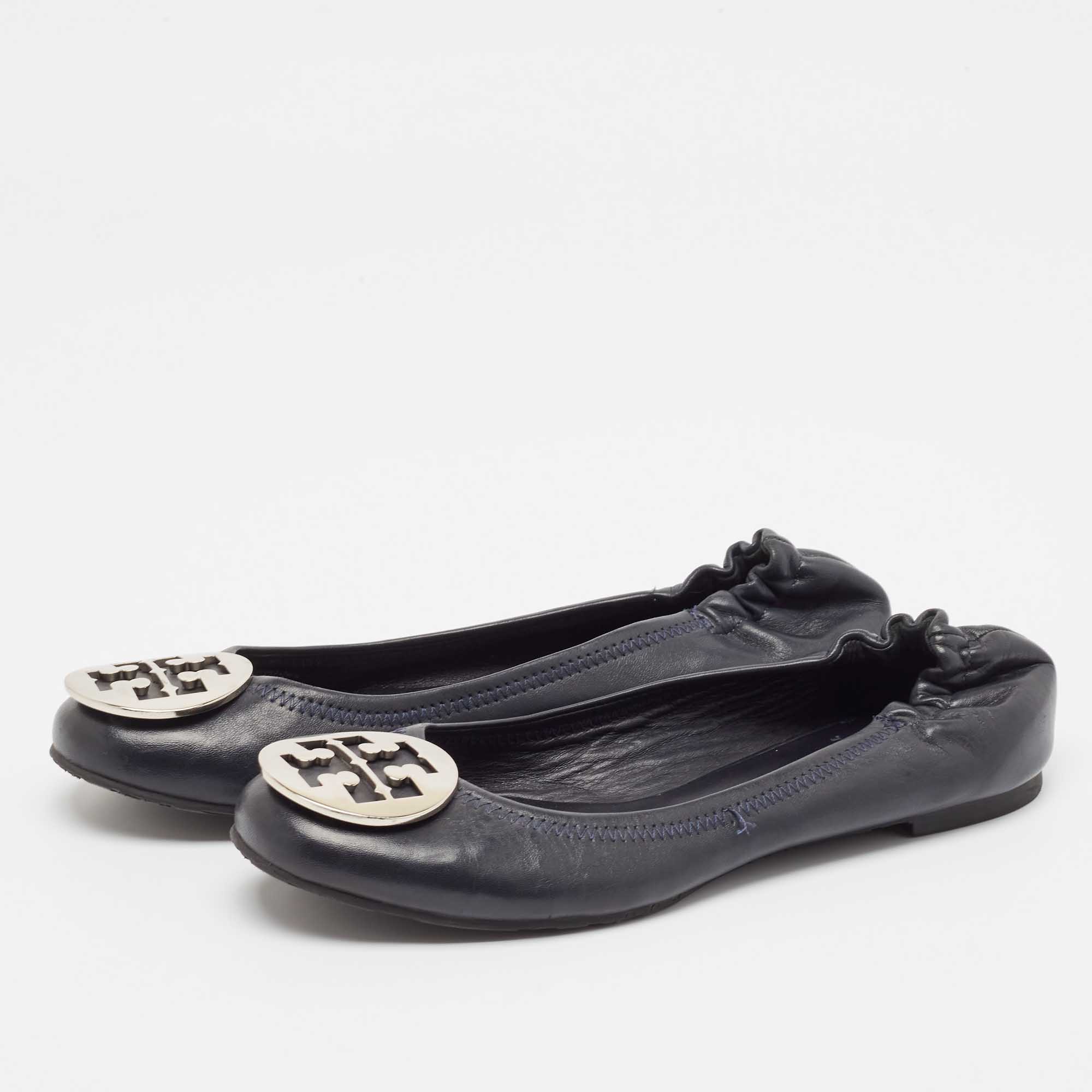 Tory Burch Navy Blue Leather Reva Ballet Flats Size 39