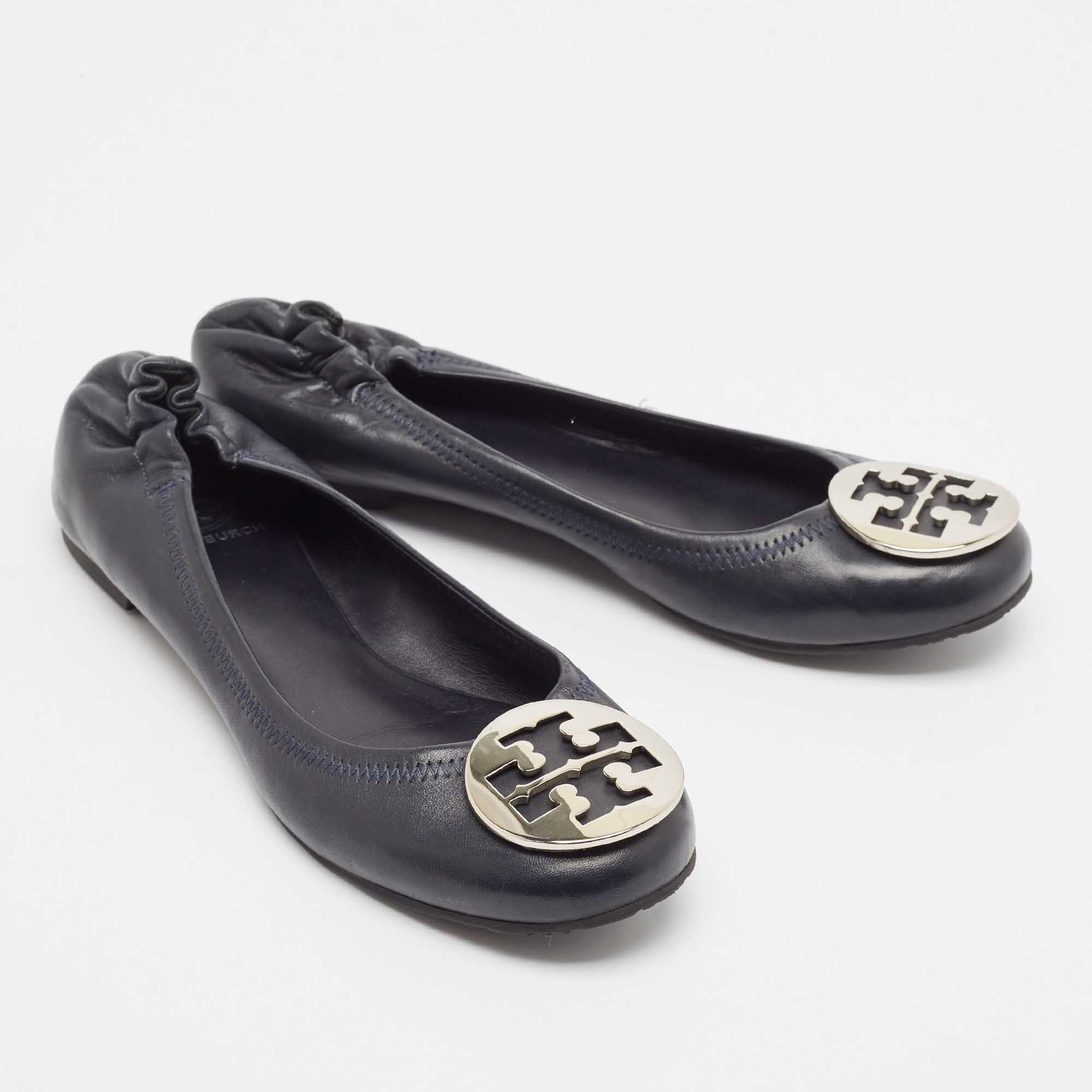 Tory Burch Navy Blue Leather Reva Ballet Flats Size 39