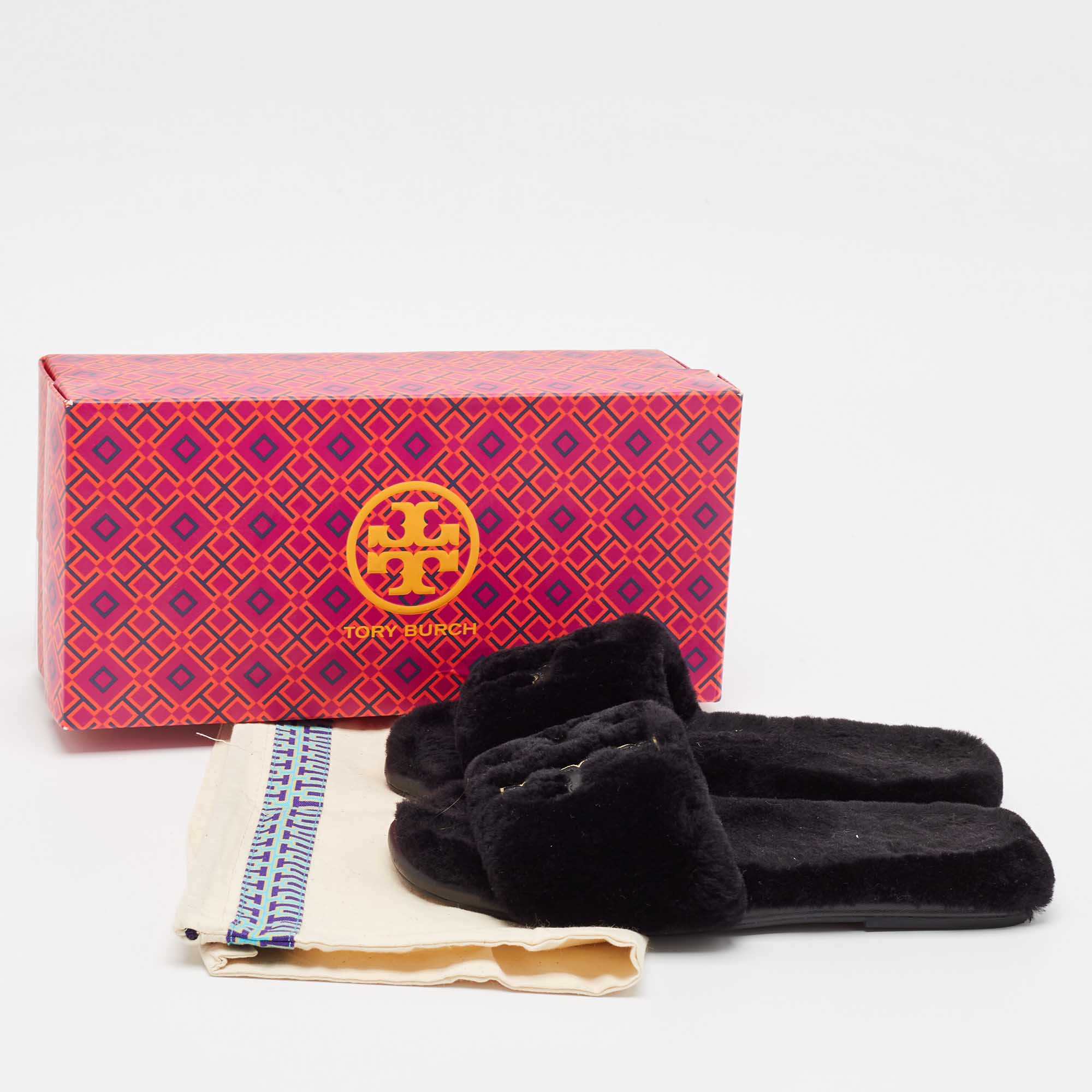 Tory Burch Black Shearling Fur Double T Flat Slides Size 37.5