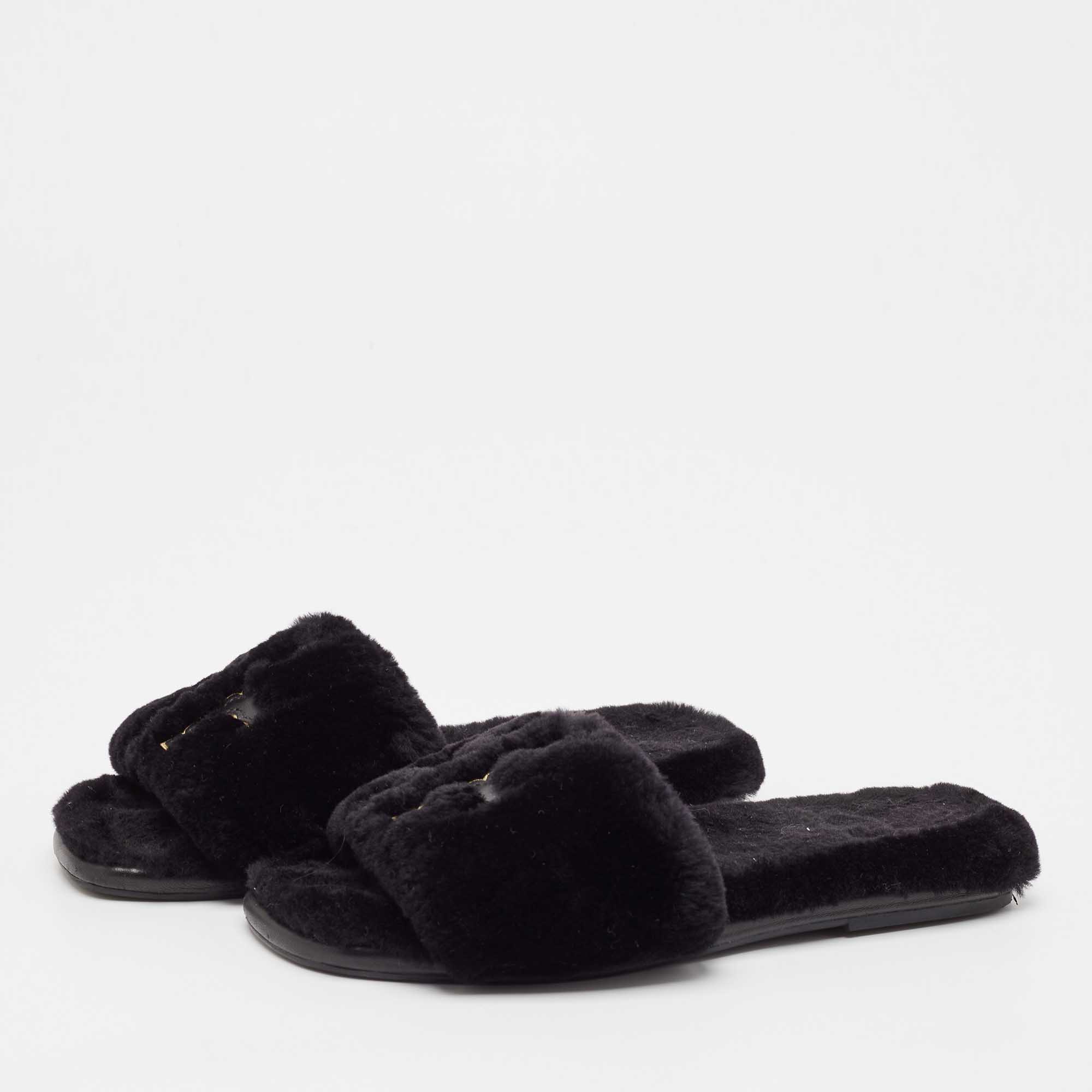 Tory Burch Black Shearling Fur Double T Flat Slides Size 37.5