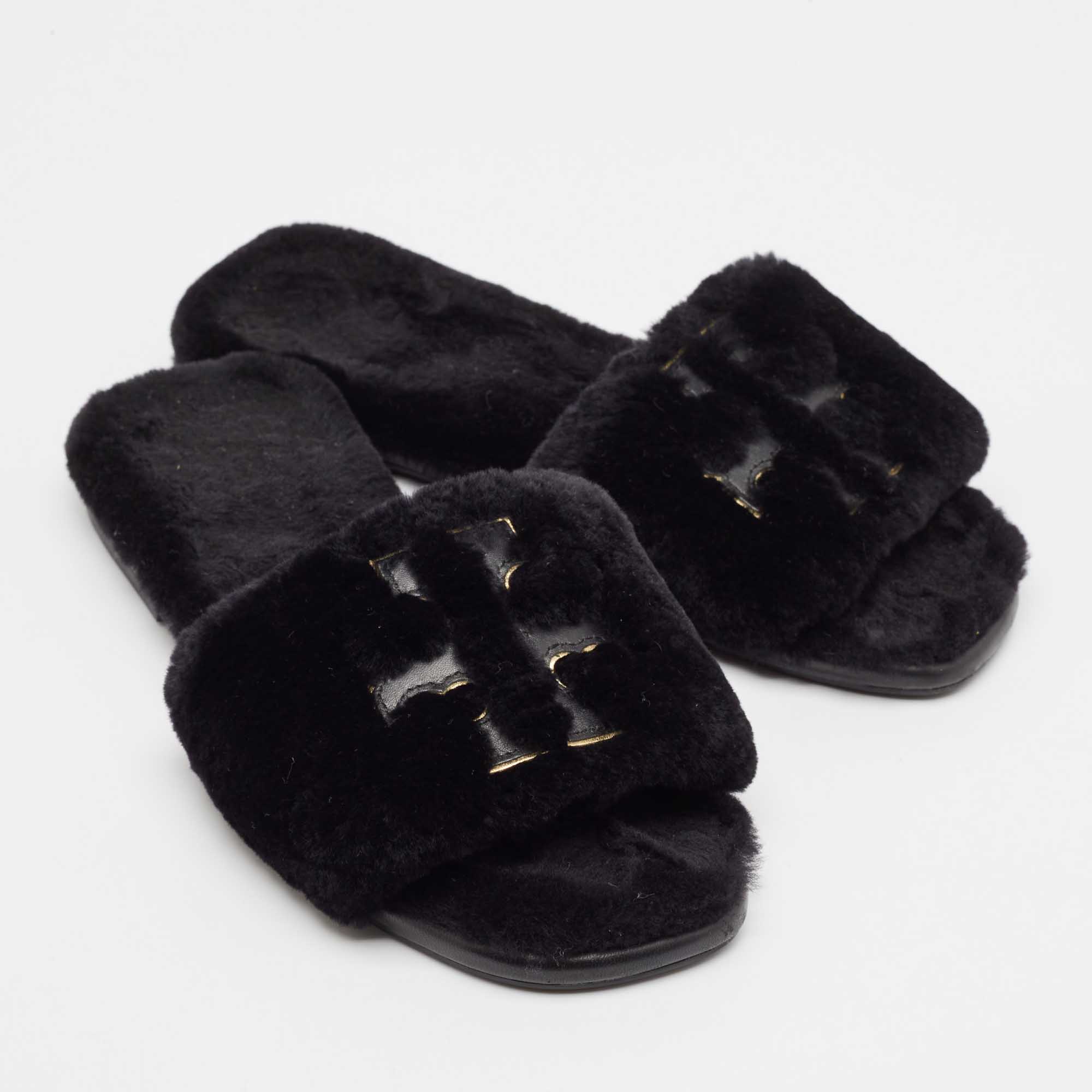 Tory Burch Black Shearling Fur Double T Flat Slides Size 37.5