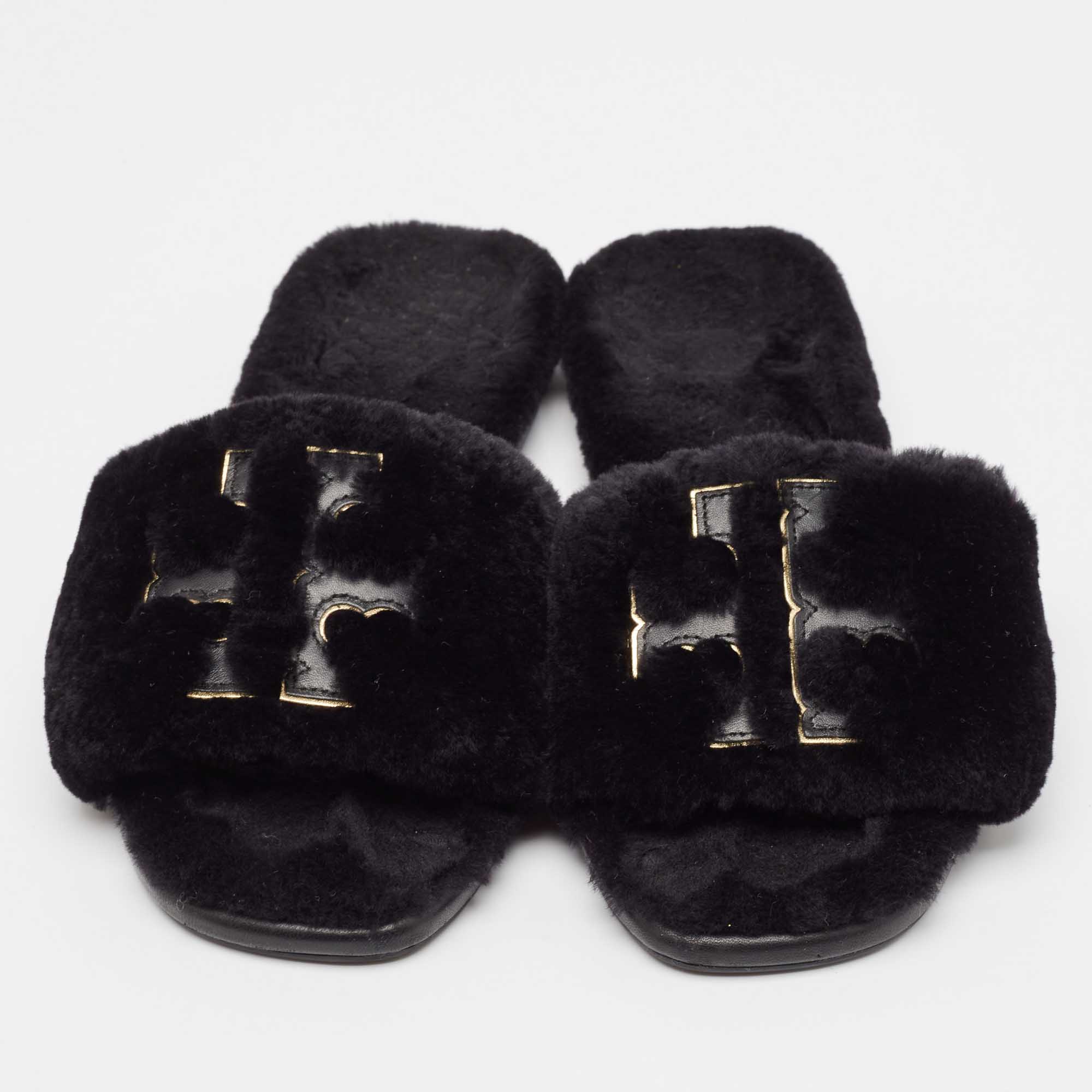 Tory Burch Black Shearling Fur Double T Flat Slides Size 37.5