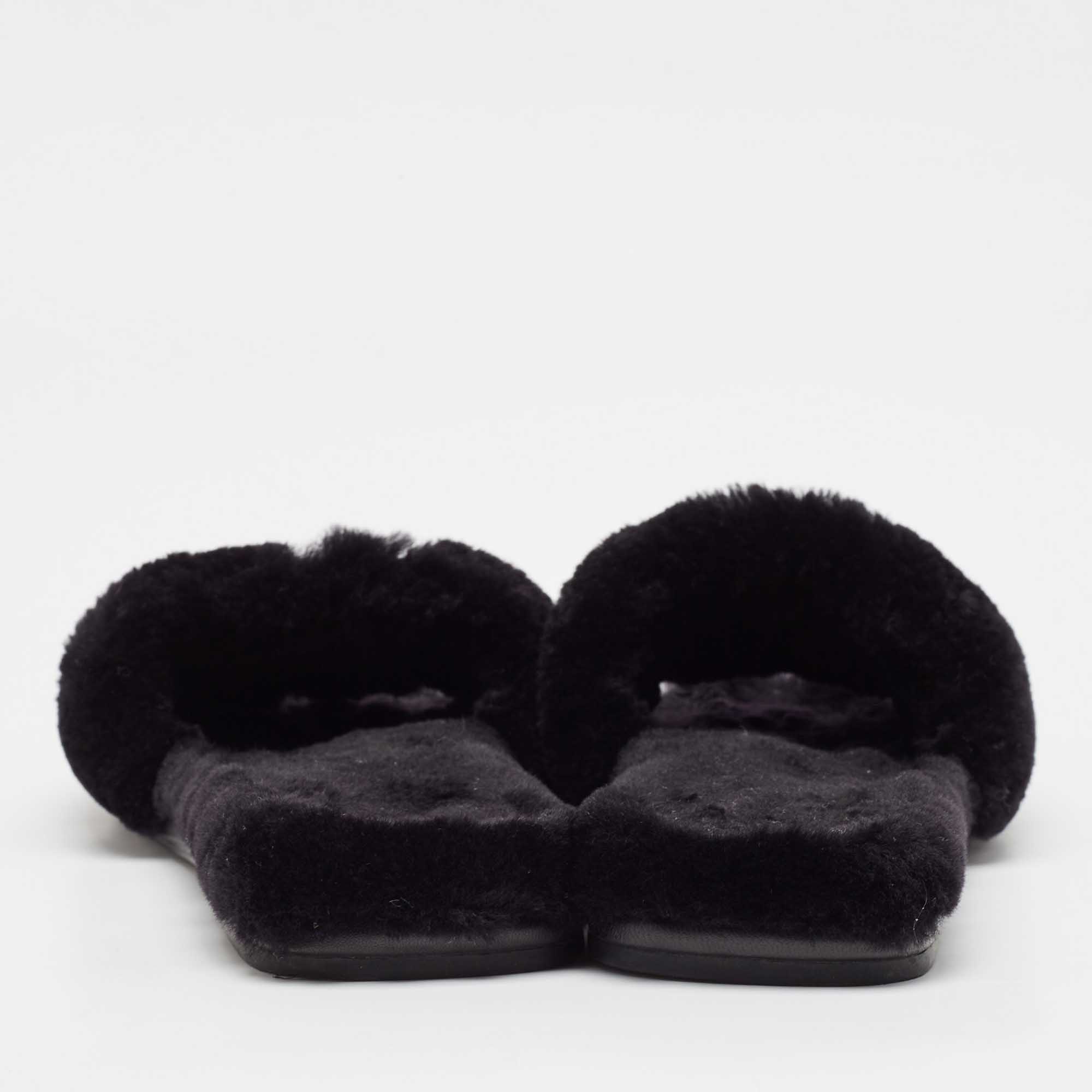 Tory Burch Black Shearling Fur Double T Flat Slides Size 37.5