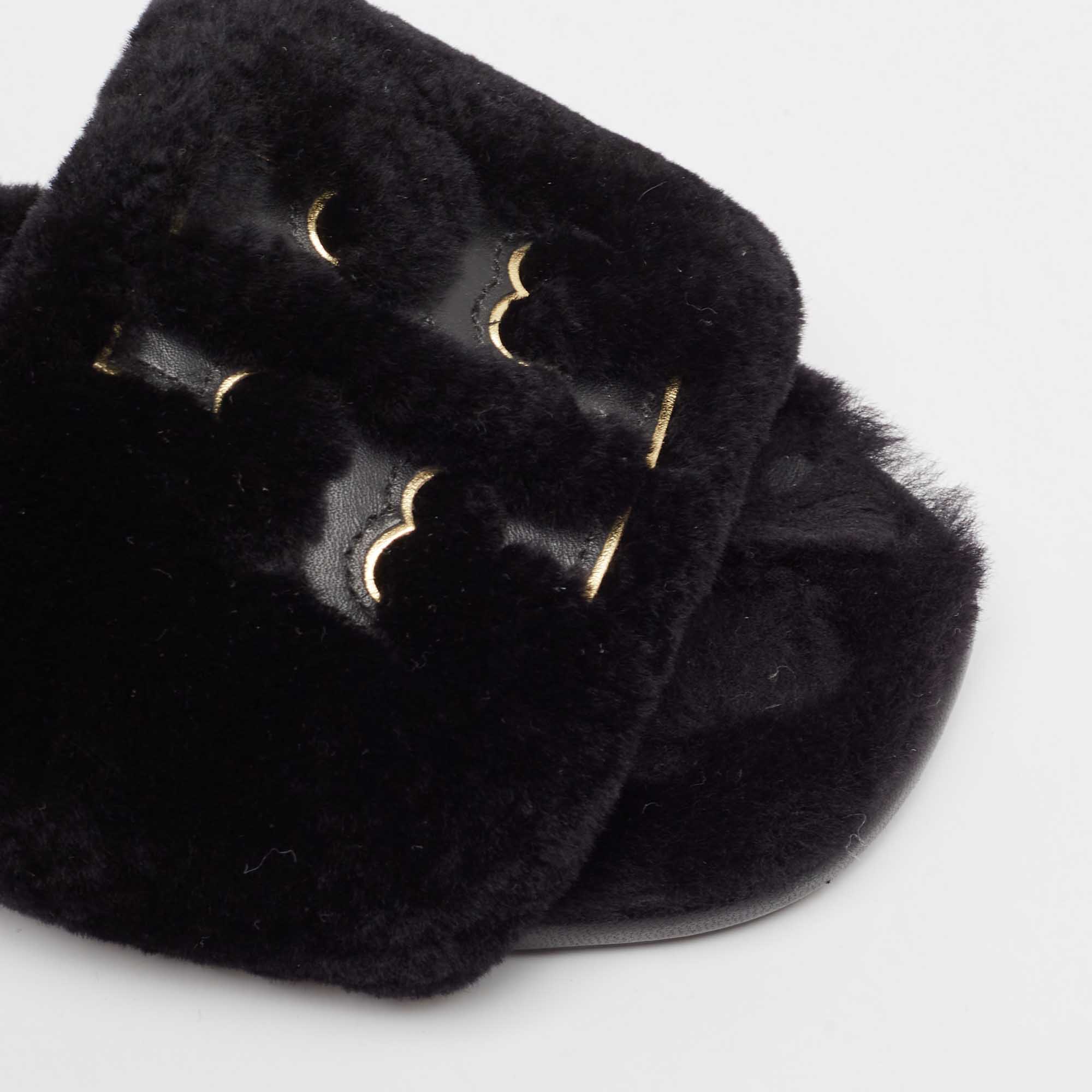 Tory Burch Black Shearling Fur Double T Flat Slides Size 37.5