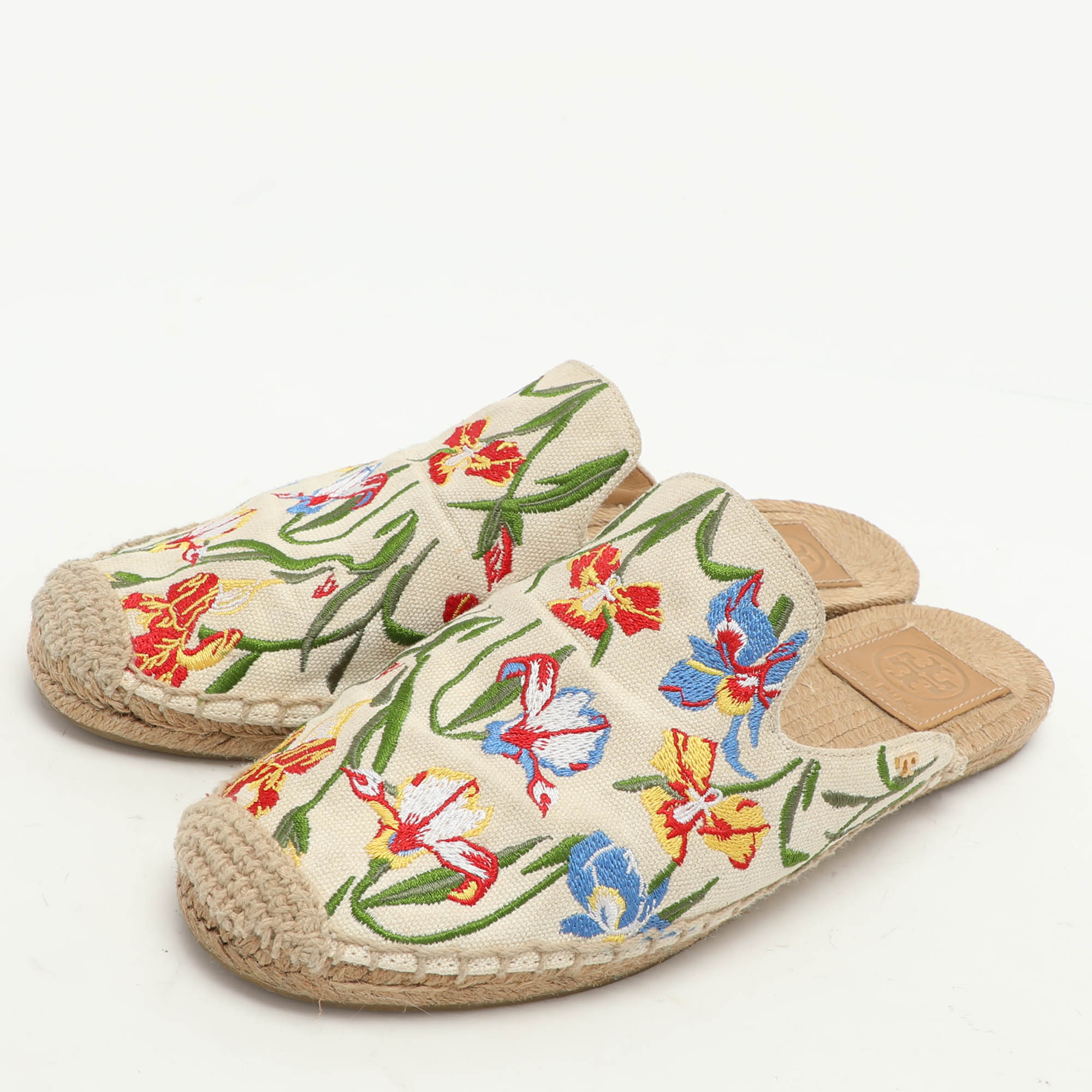 Tory Burch Multicolor Floral Embroidered Canvas Espadrille Mules Size 37.5