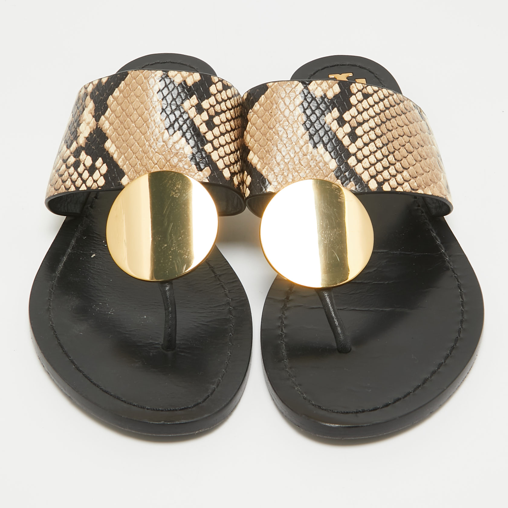 Tory Burch Brown Python Embossed Leather Flat Sandals 39