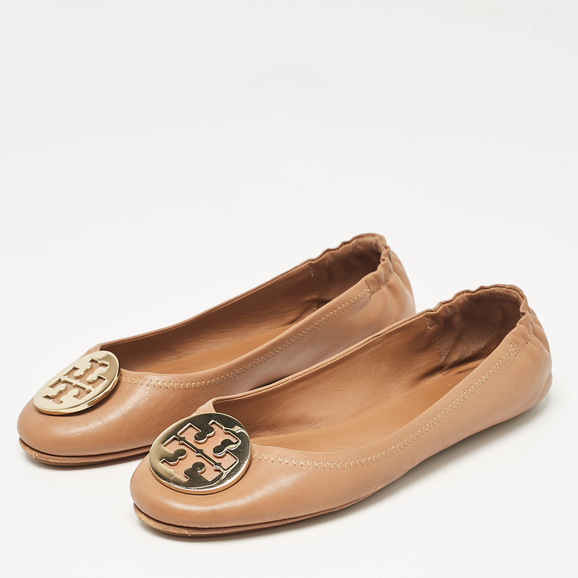 Tory Burch Brown Leather Minnie Travel Ballet Flats Size 39.5