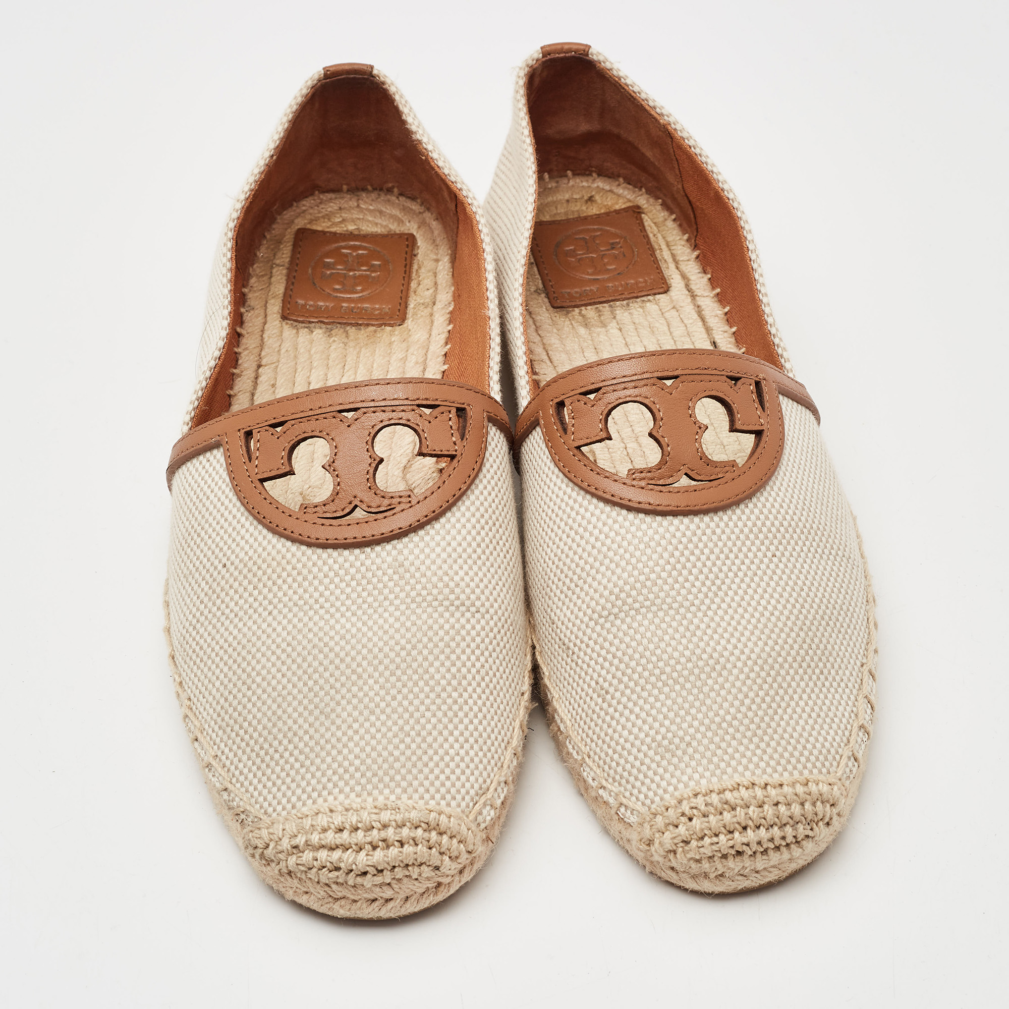 Tory Burch Cream/Brown Canvas Logo Flat Espadrilles Size 39.5